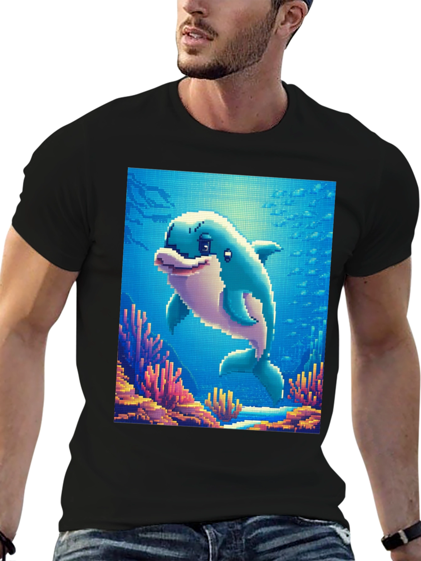 Black Pixel Dolphin Graphic Tee - Underwater Adventure Shirt view 6