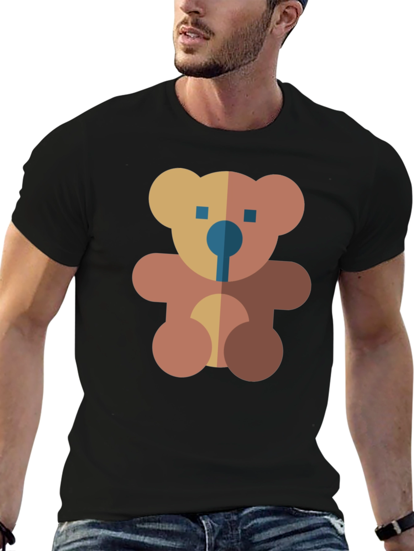 Black Geometric Teddy Bear Graphic Black T-Shirt view 6