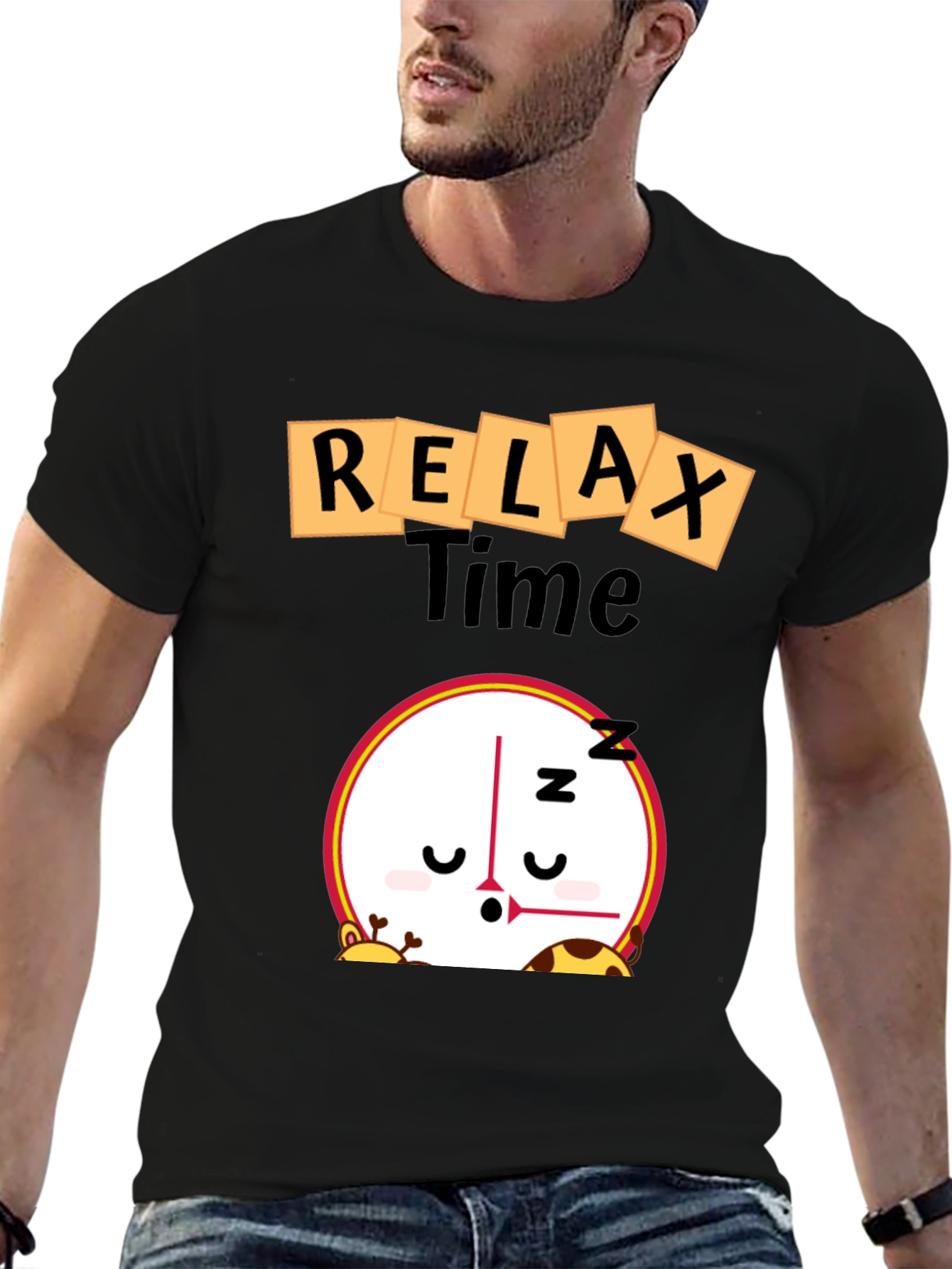 Black Relax Time Graphic Tee - Cartoon Clock Design view 6