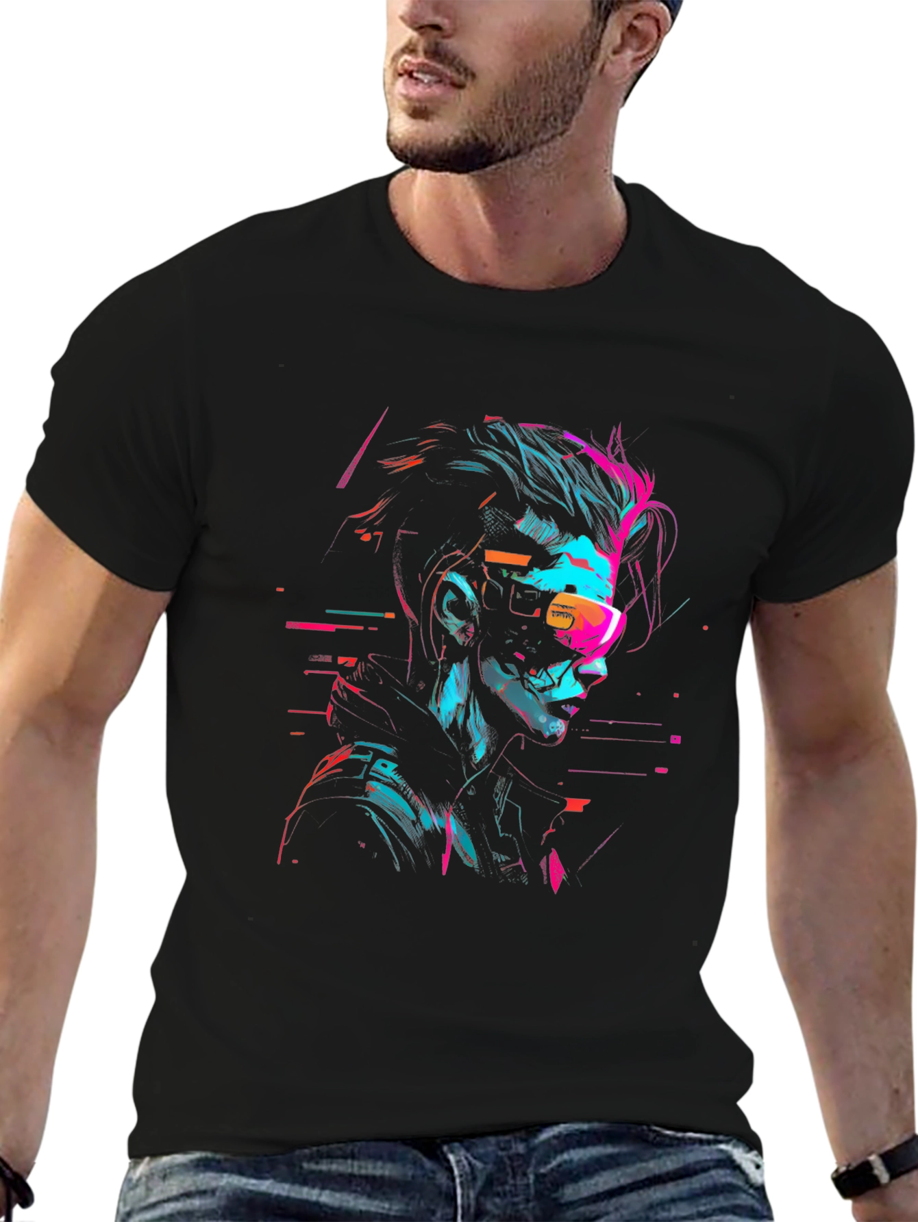 Black Cyberpunk Style Graphic Print Black T-Shirt view 6