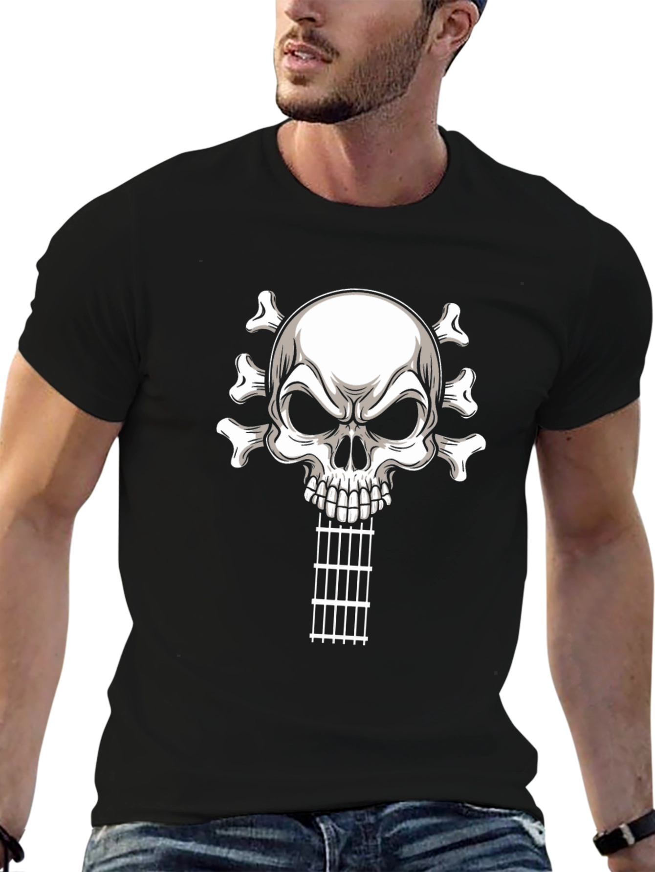 Black Skull Guitar T-Shirt - Rocker Style Black Tee view 6
