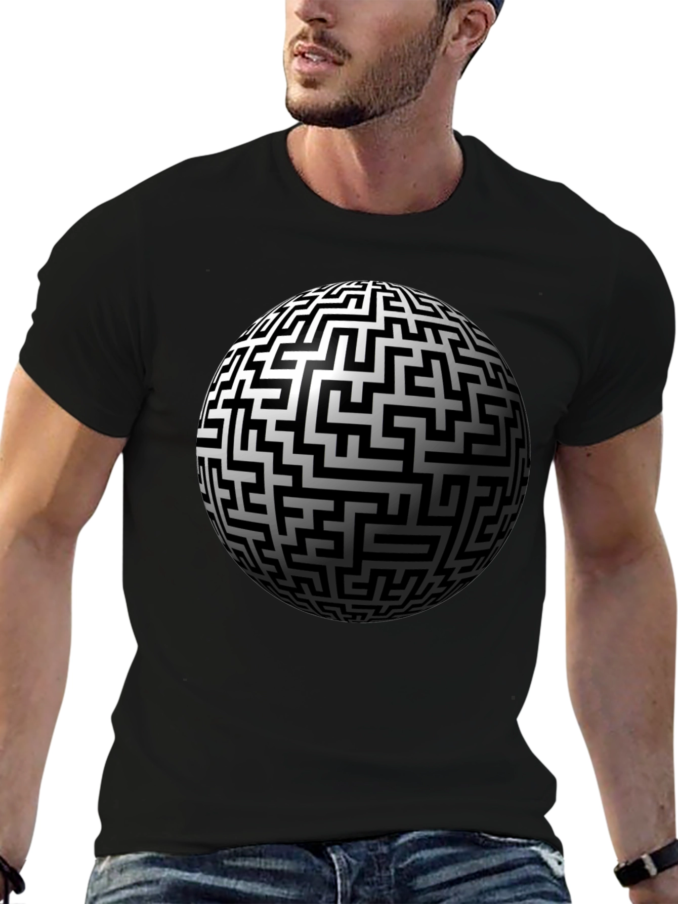 Black Maze Sphere Graphic Tee - Black Cotton Casual Wear view 6
