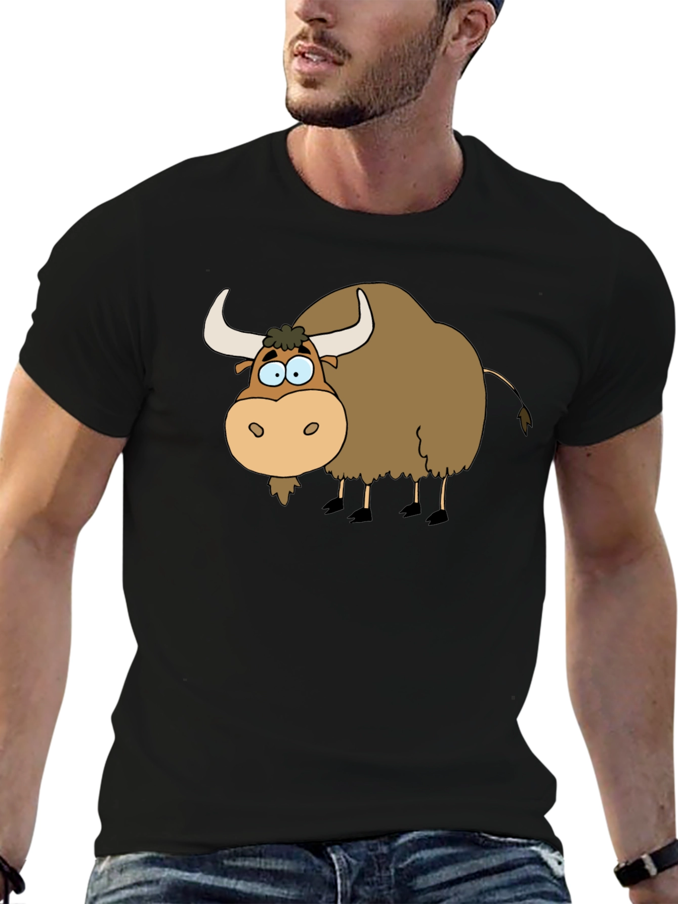 Black Cartoon Yak Graphic Tee - Black Cotton T-Shirt view 6