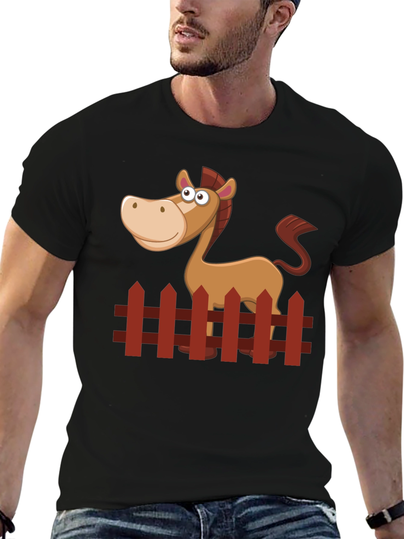 Black Cartoon Horse Graphic Tee - Black Cotton Shirt view 6