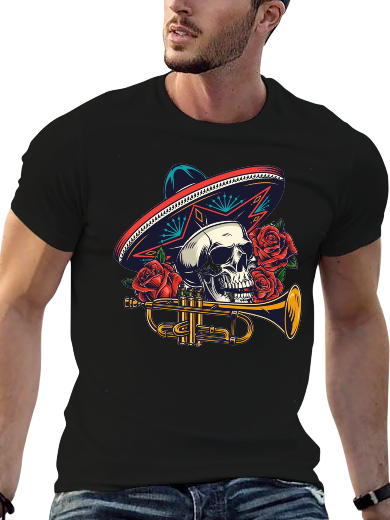 Black Skull Sombrero Trumpet Graphic Tee view 6