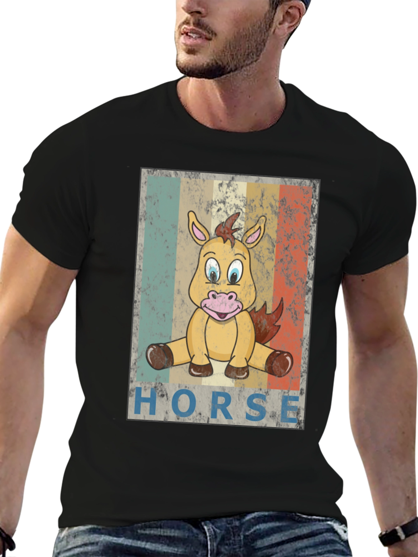 Black Cartoon Horse Graphic Tee - Unisex Black T-Shirt view 6