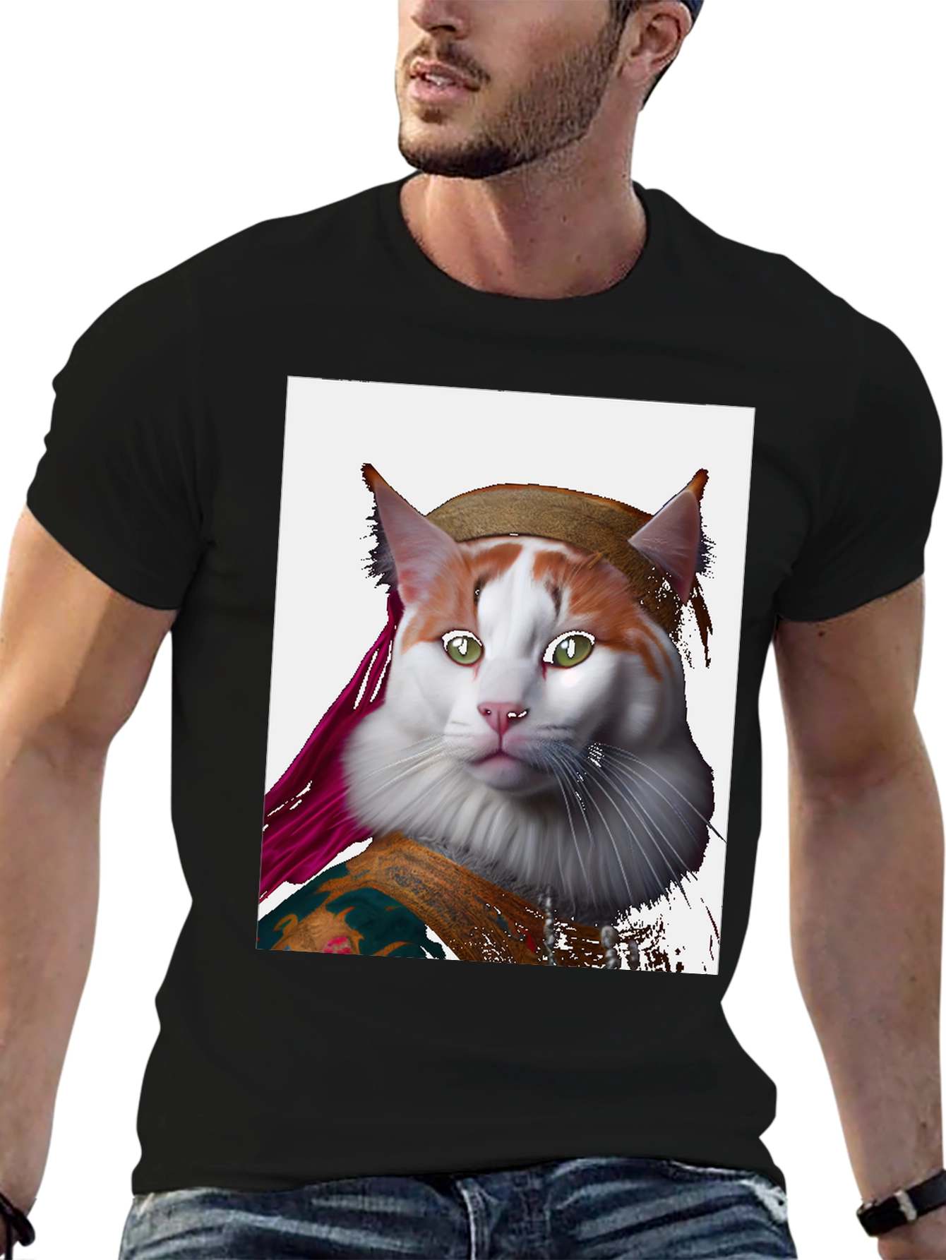 Black Mona Lisa Cat T-Shirt - Artful Feline Portrait view 6