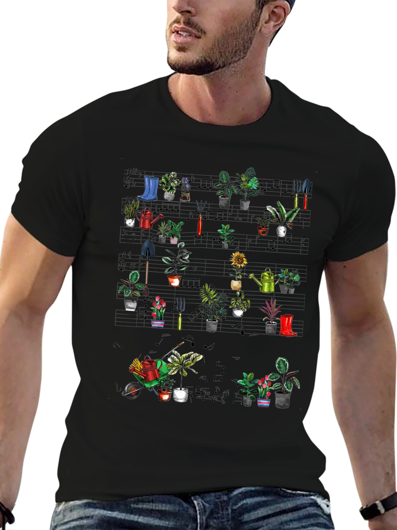 Black Gardening Plants Music T-Shirt view 6