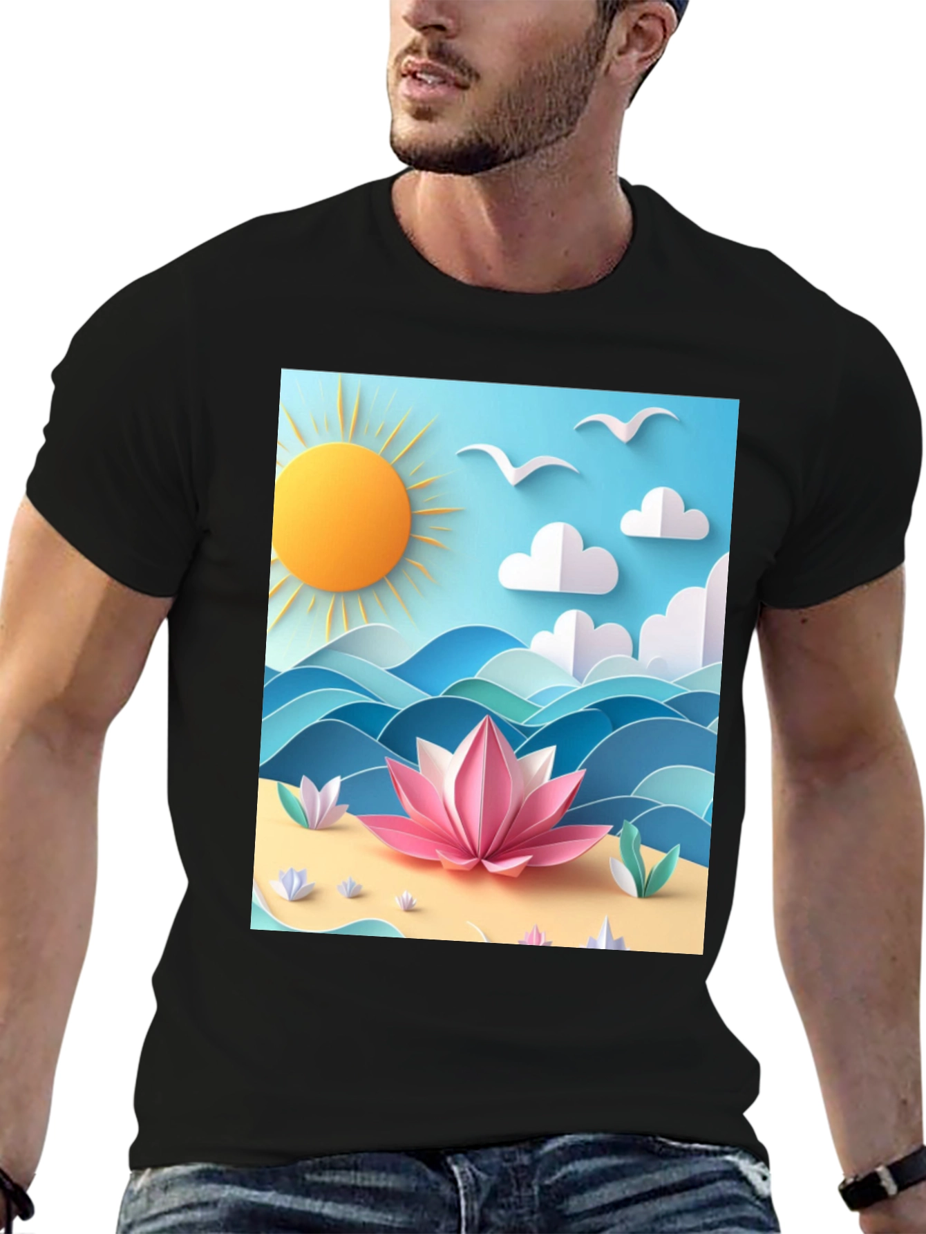 Black Black Tee with Beach Lotus Graphic view 6