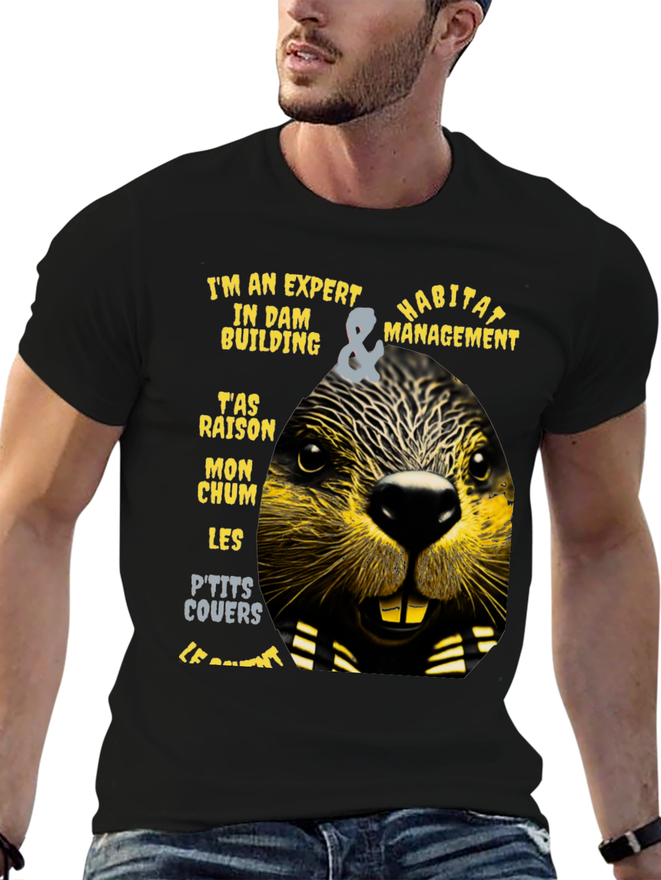 Black Expert Dam Builder T-Shirt - Funny Beaver Habitat Management Tee view 6