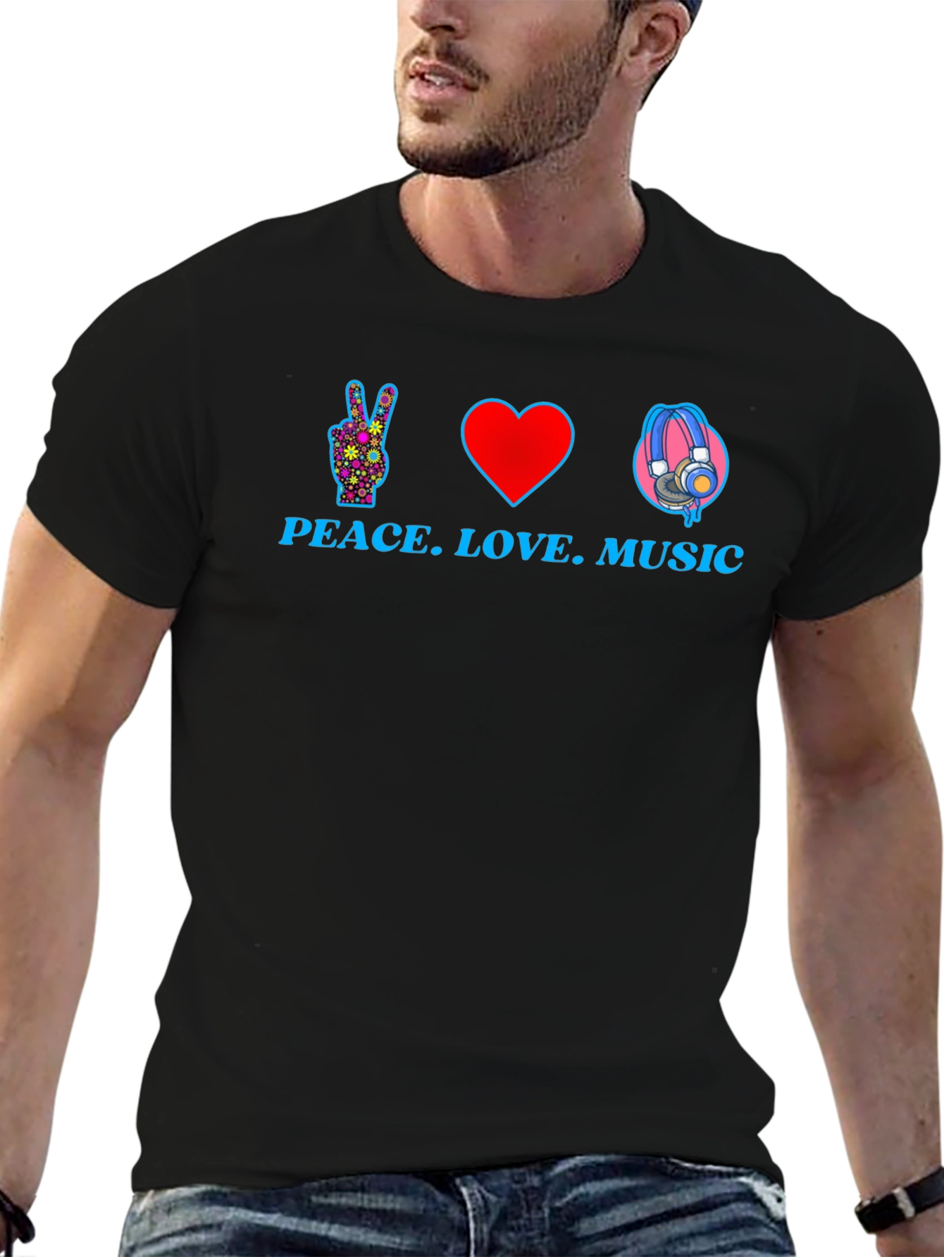 Black Peace Love Music Graphic T-Shirt - Black view 6