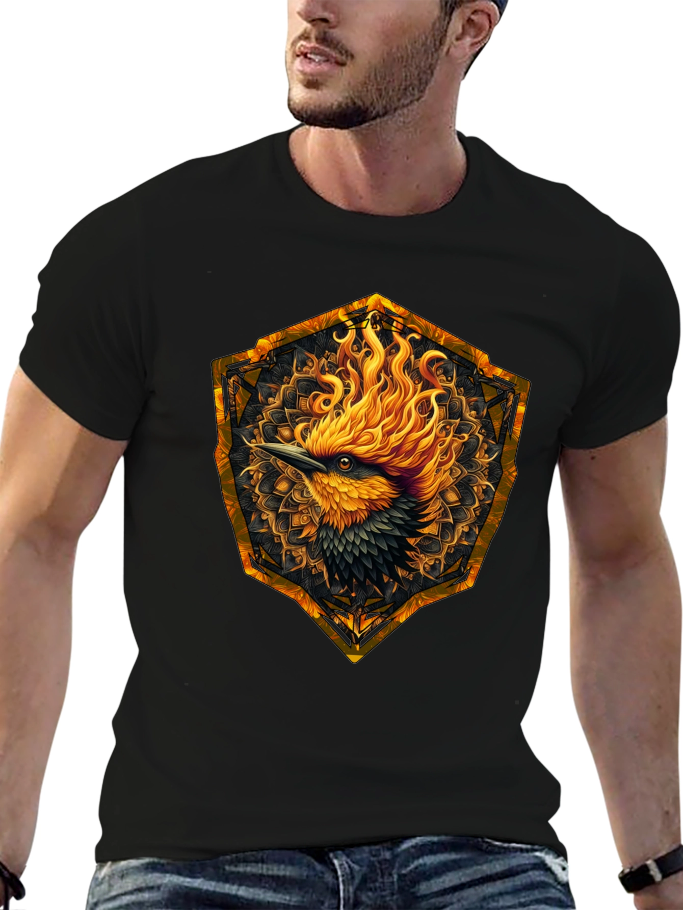 Black Fiery Phoenix Graphic Tee - Black Cotton Blend view 6