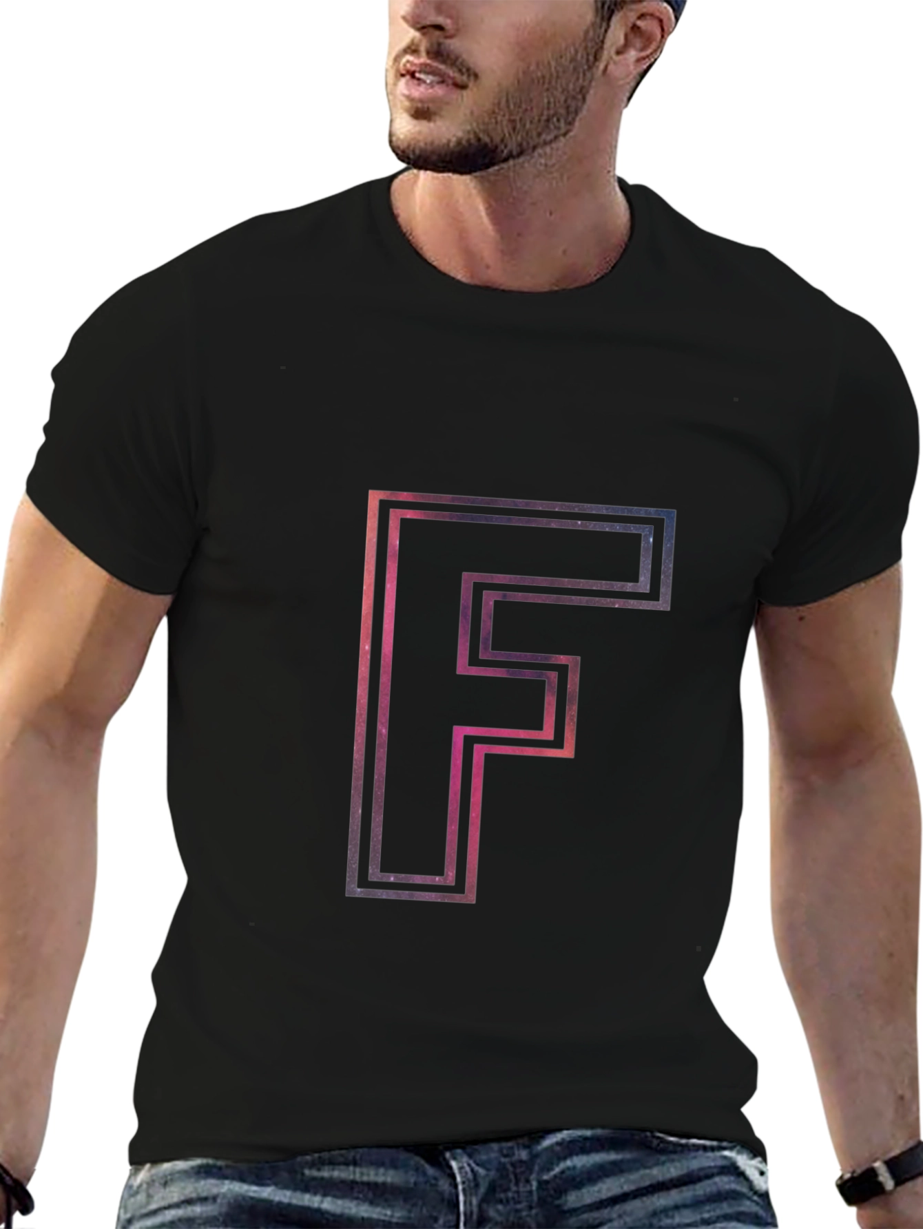 Black Galaxy Letter F Men's Black T-Shirt view 6