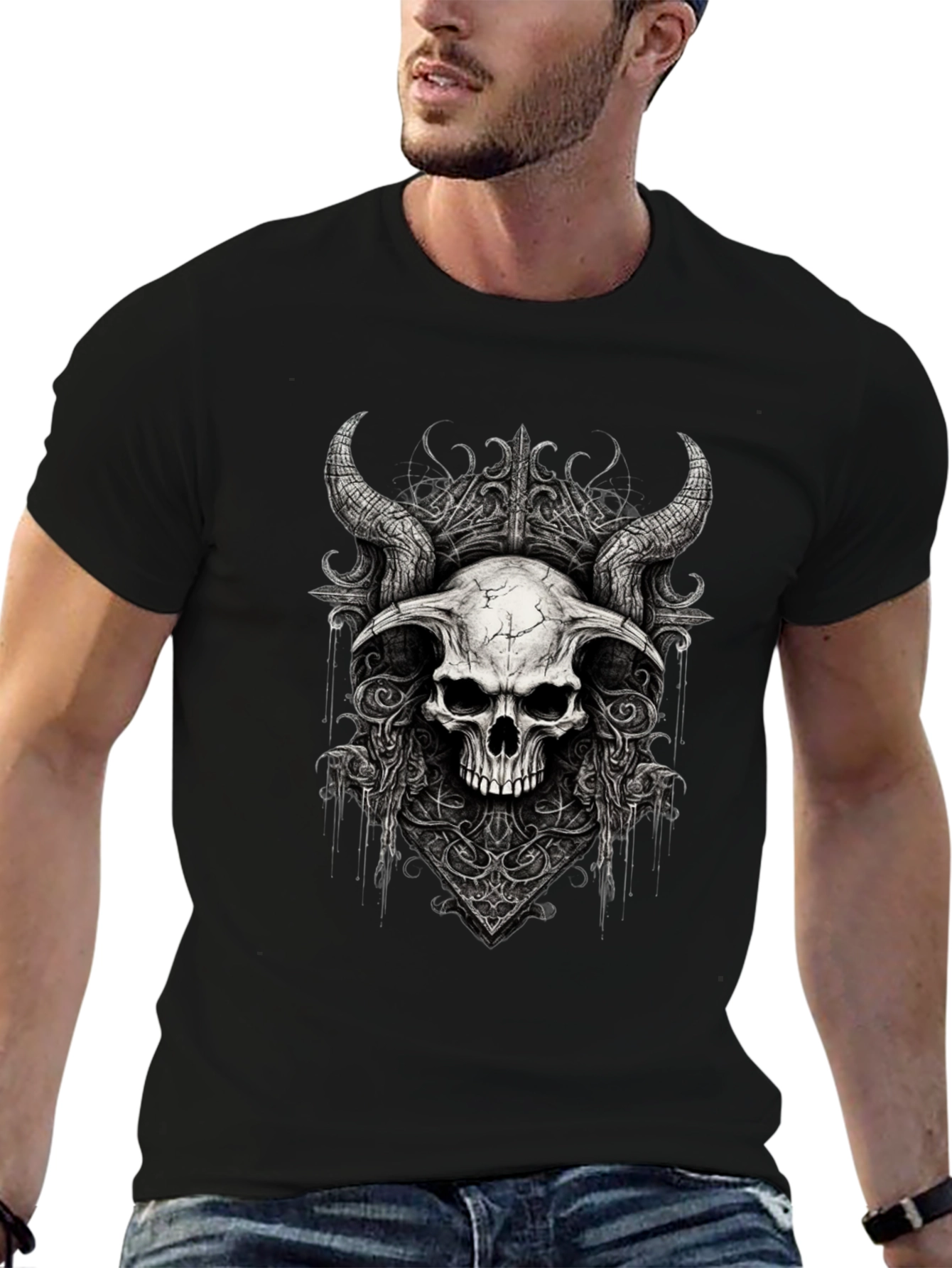 Black Black Skull Horns Graphic Tee view 6