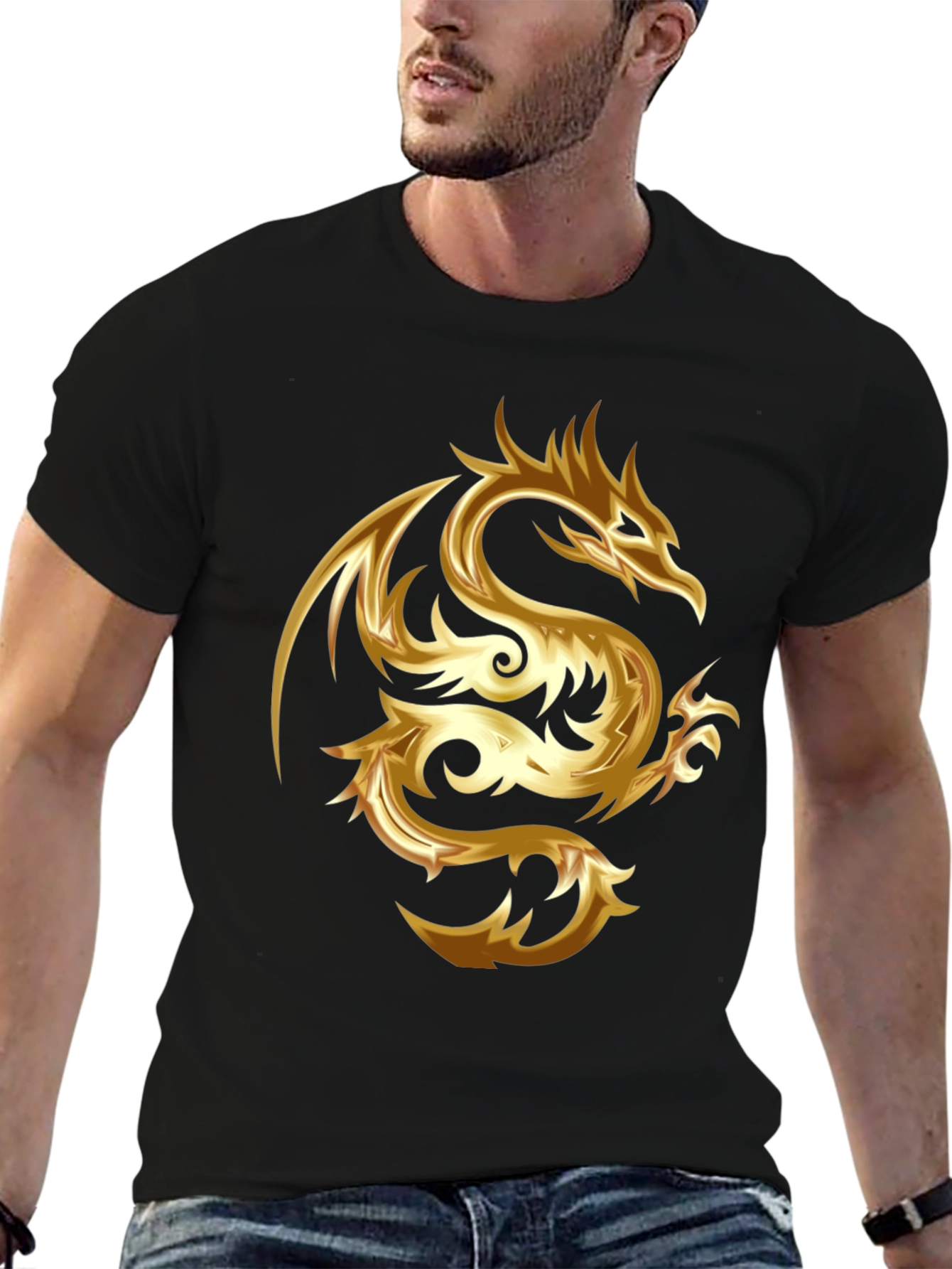 Black Golden Dragon Graphic Black T-Shirt view 6