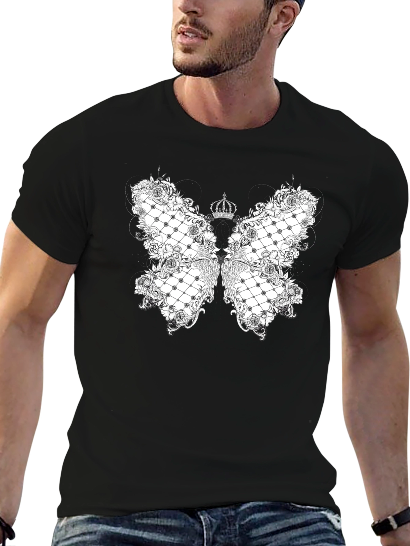 Black Elegant Butterfly Crown Graphic Tee view 6