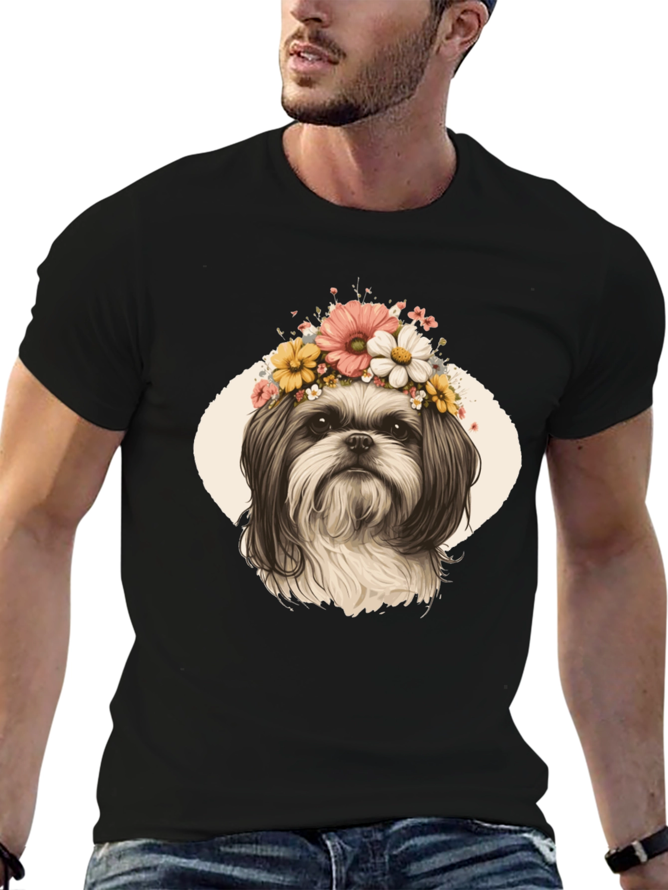 Black Dog with Flower Crown Graphic T-Shirt view 6