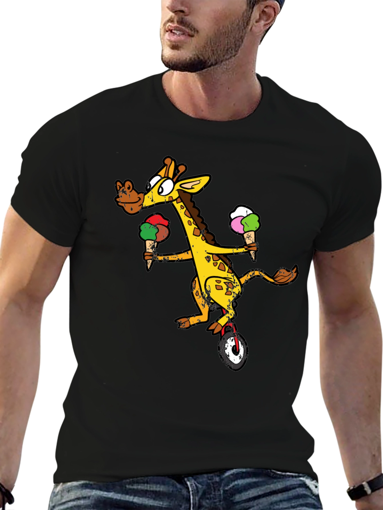 Black Giraffe On Unicycle T-Shirt view 6