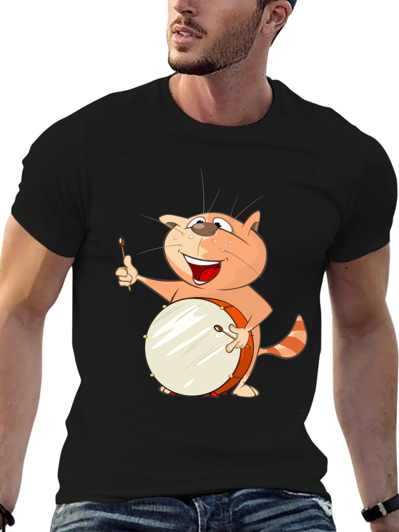 Black Funny Cat Drummer T-Shirt view 6