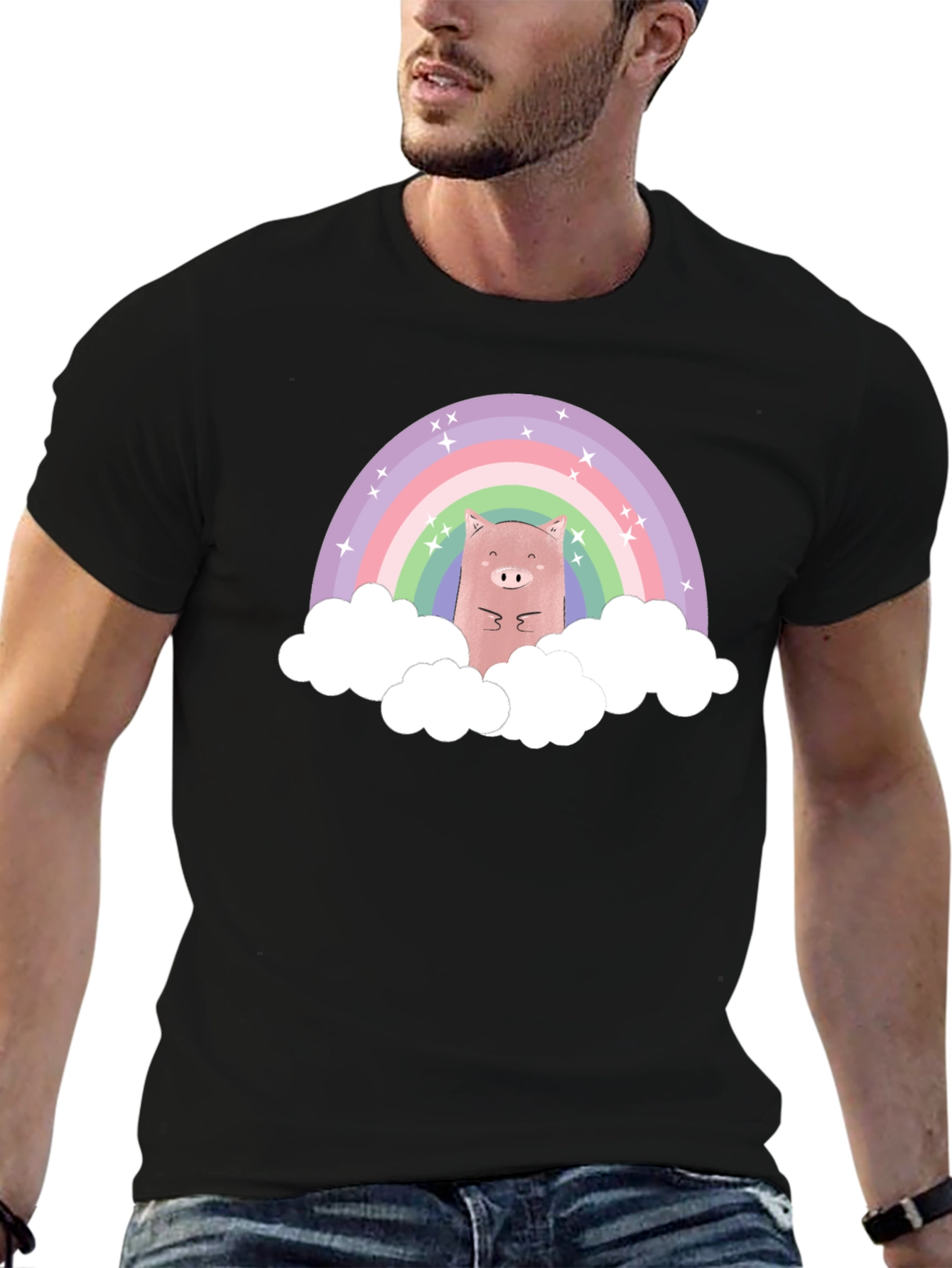 Black Rainbow Pig T-Shirt - Cute Cartoon Design view 6