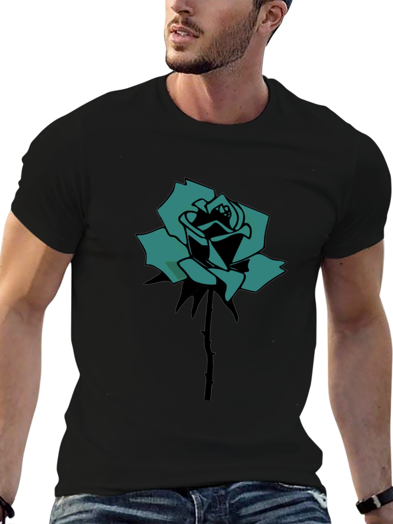 Black Black T-Shirt with Teal Rose Print view 6