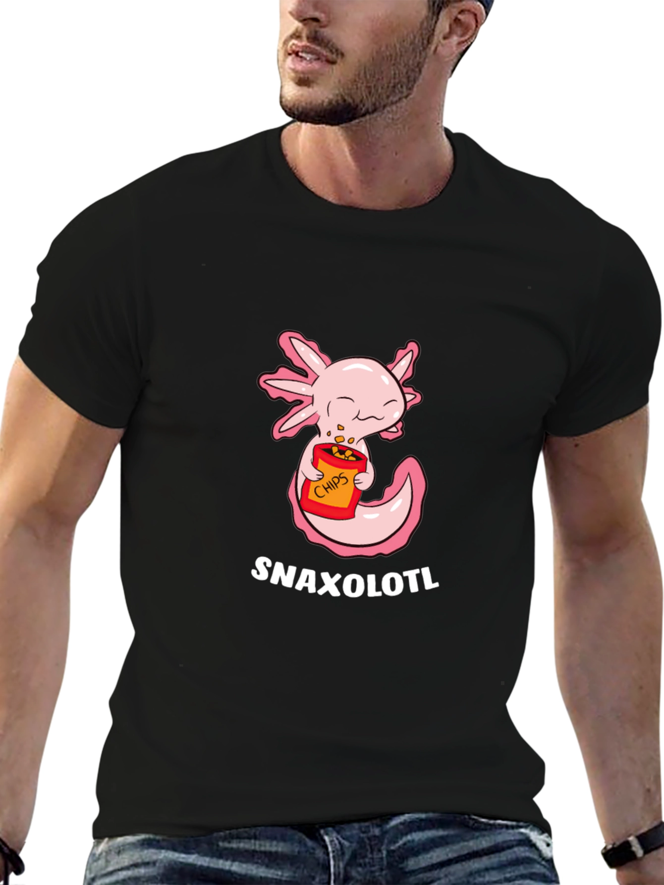 Black Snaxolotl T-Shirt - Cute Axolotl Eating Chips! view 6