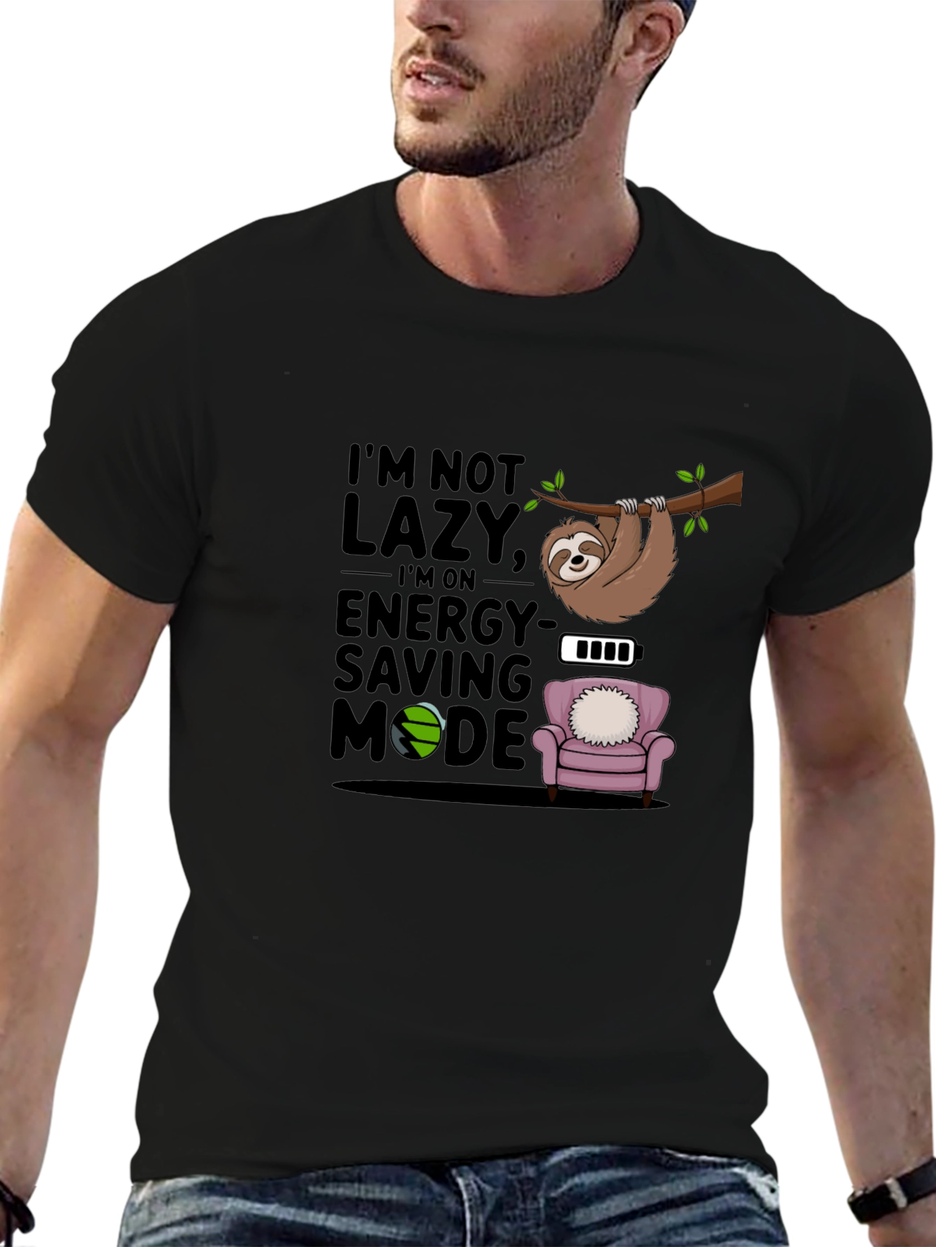 Black I'm Not Lazy T-Shirt, Sloth Energy Saving Mode Tee view 6