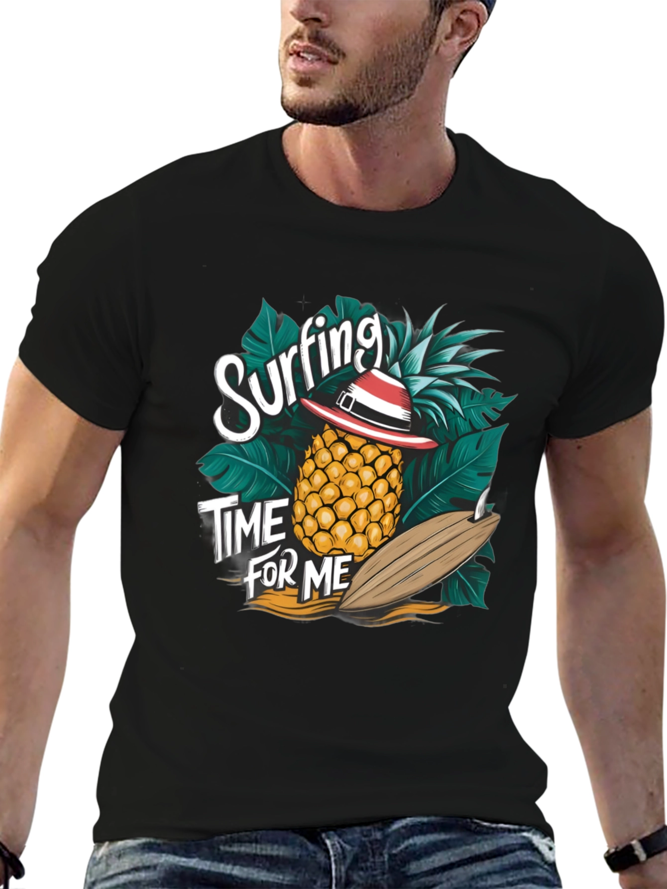 Black Surfing Pineapple T-Shirt - Tropical Summer Vibes view 6