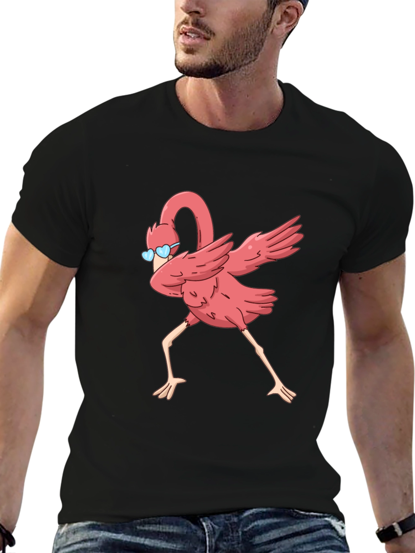Black Dabbing Flamingo Graphic Tee - Black Cotton T-Shirt view 6