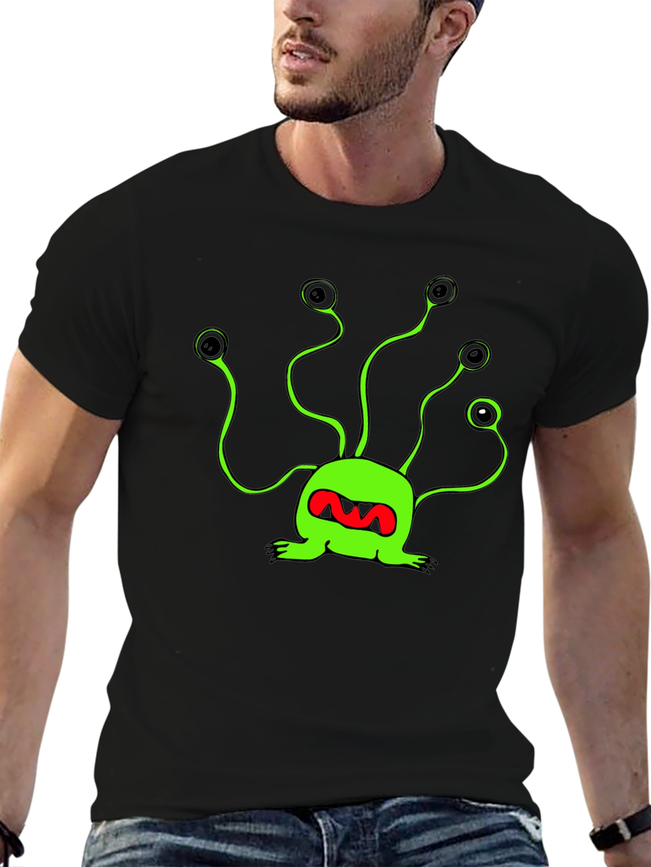 Funky Green Alien T-Shirt - Black Cotton Tee - 6