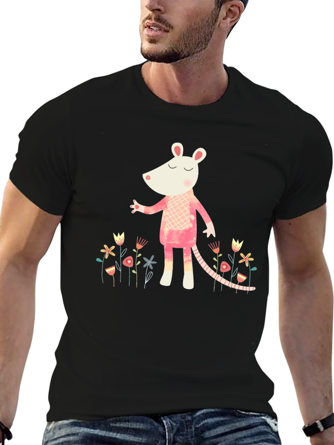 Black Whimsical Rat in Floral Garden Black T-Shirt view 6