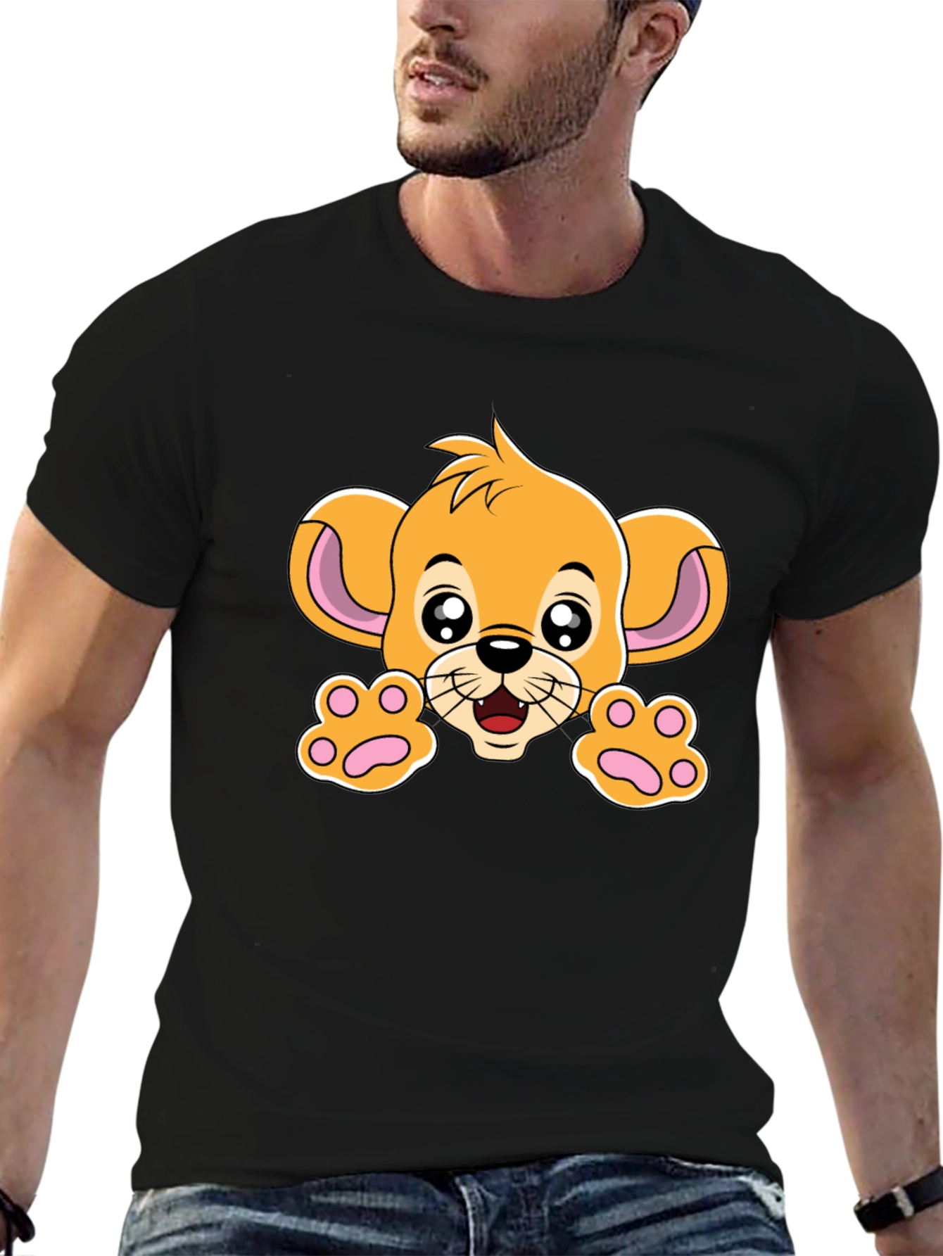 Black Cute Lion Cub Graphic Tee - Black Cotton T-Shirt view 6