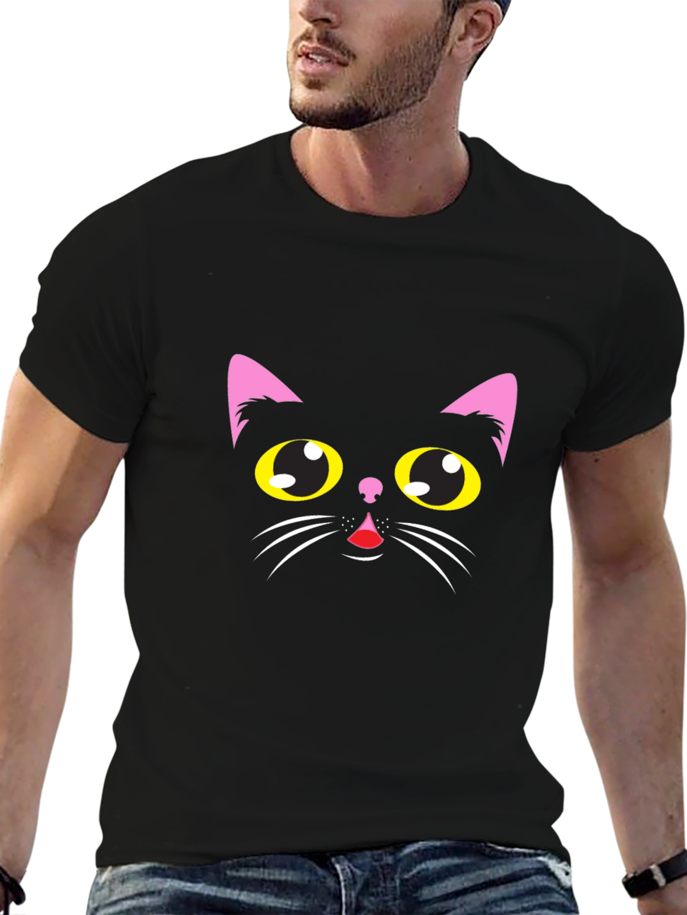 Black Black Cat Face Graphic T-Shirt view 6