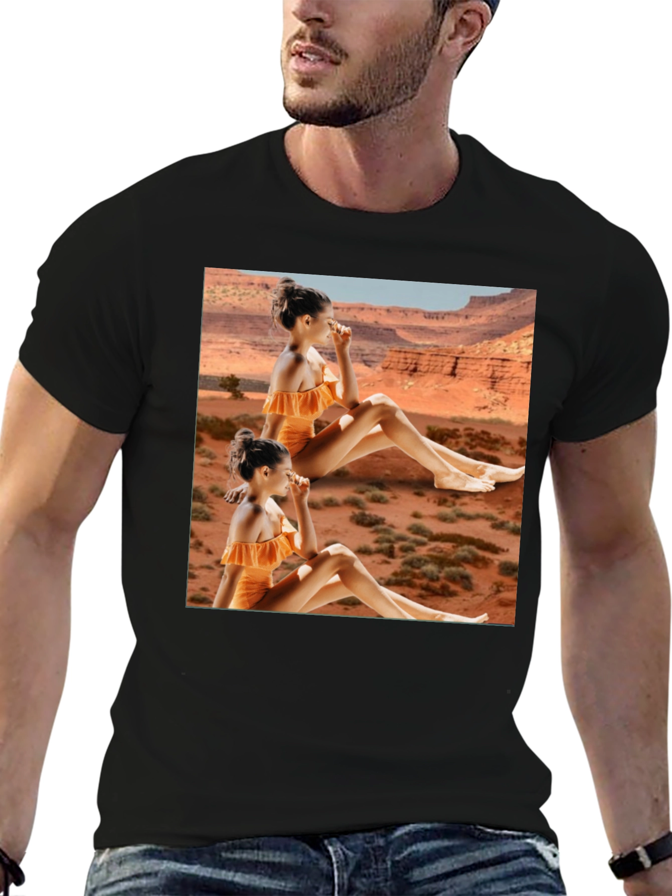 Black Trendy Black T-Shirt with Unique Desert Graphic Design view 6