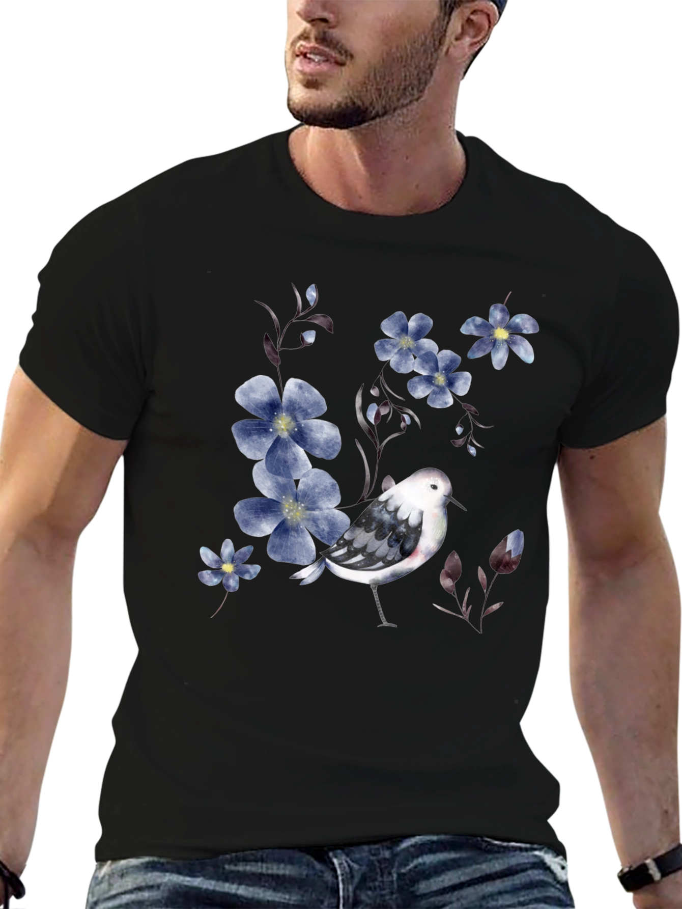 Black Floral Bird Print Black T-Shirt view 6