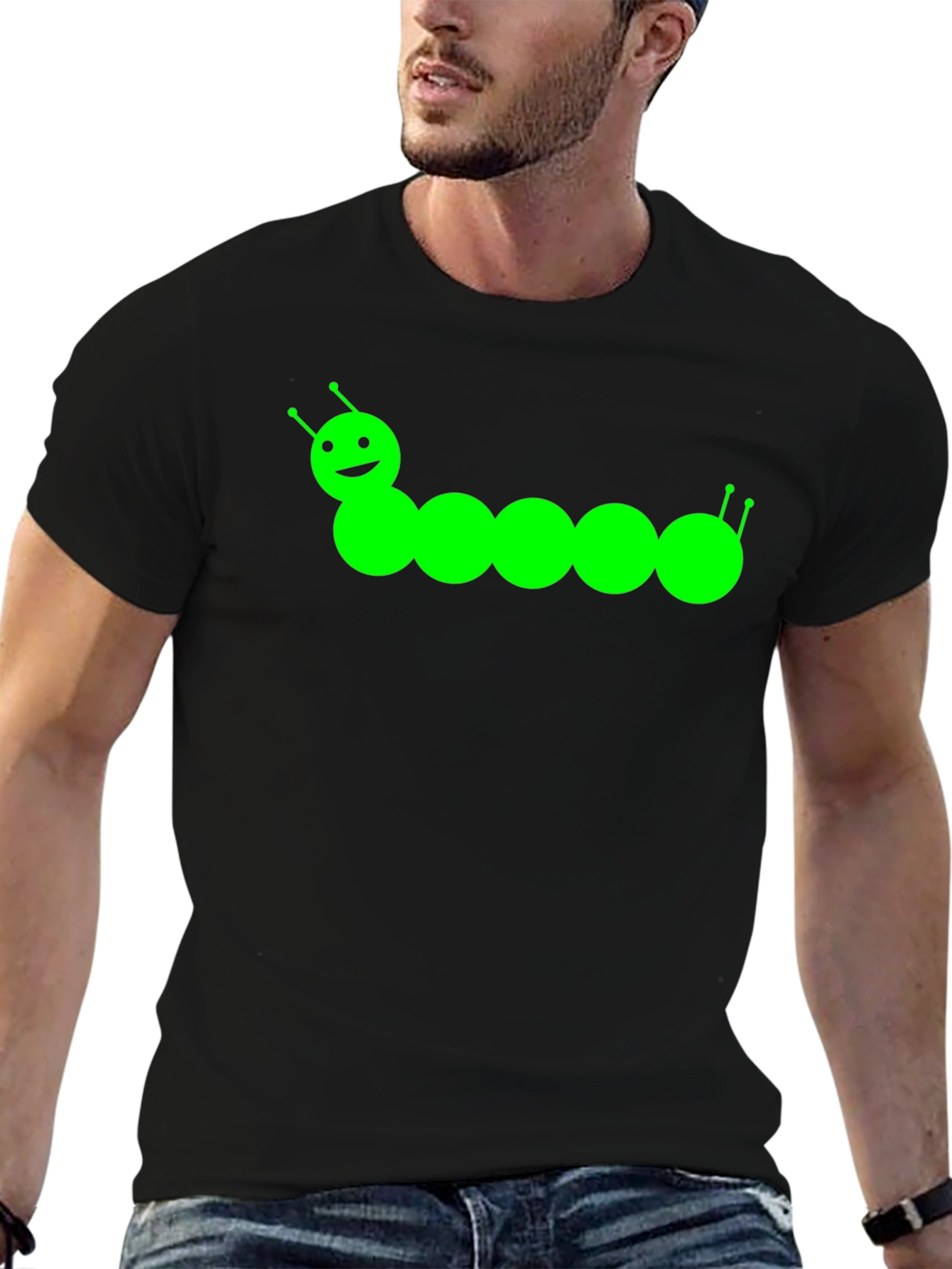 Black Cute Caterpillar Graphic Tee - Black Cotton T-Shirt view 6
