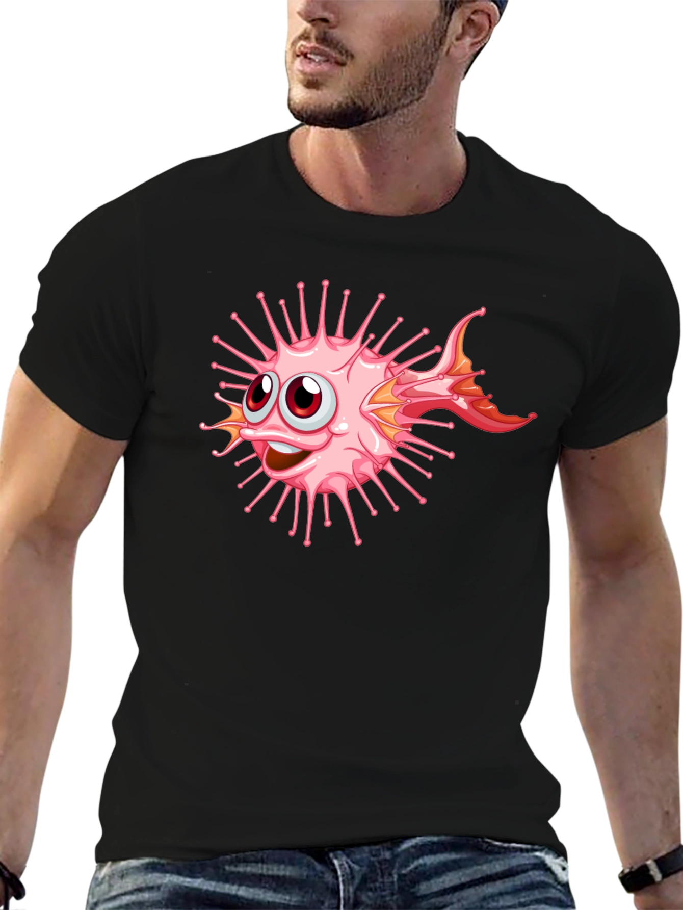 Black Cartoon Pufferfish Graphic Black T-Shirt view 6