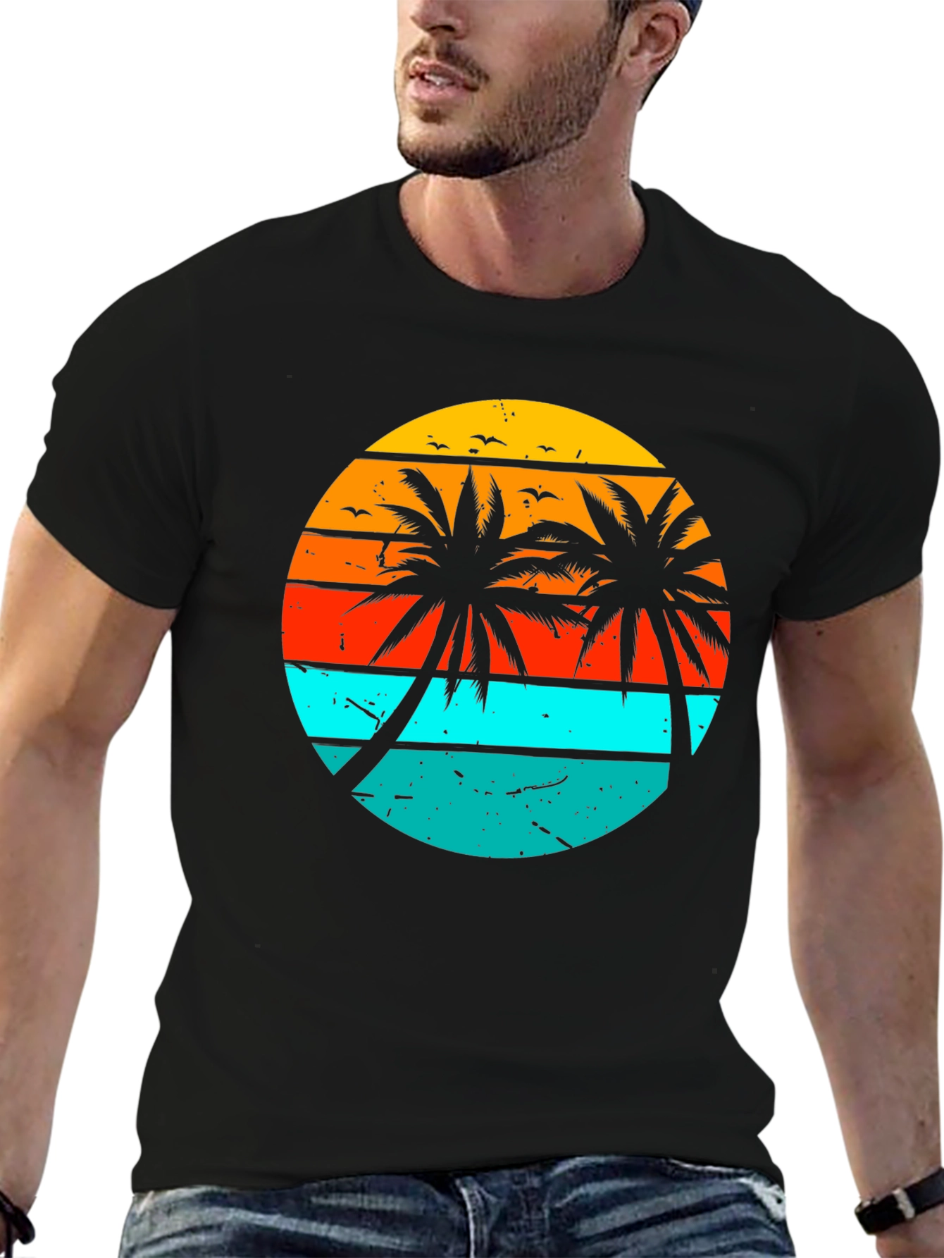 Black Retro Sunset Palm Tree Graphic T-Shirt view 6
