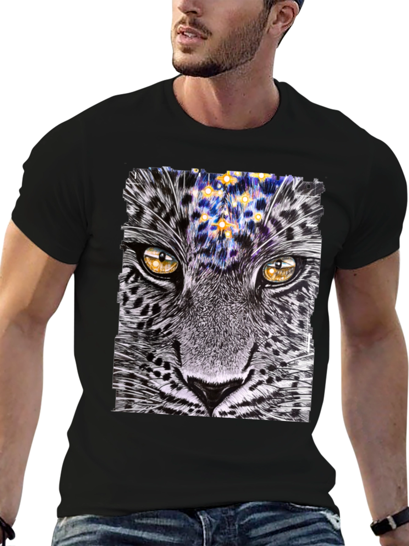 Black Leopard Stargazer Graphic T-Shirt - Unique Animal Print Tee view 6