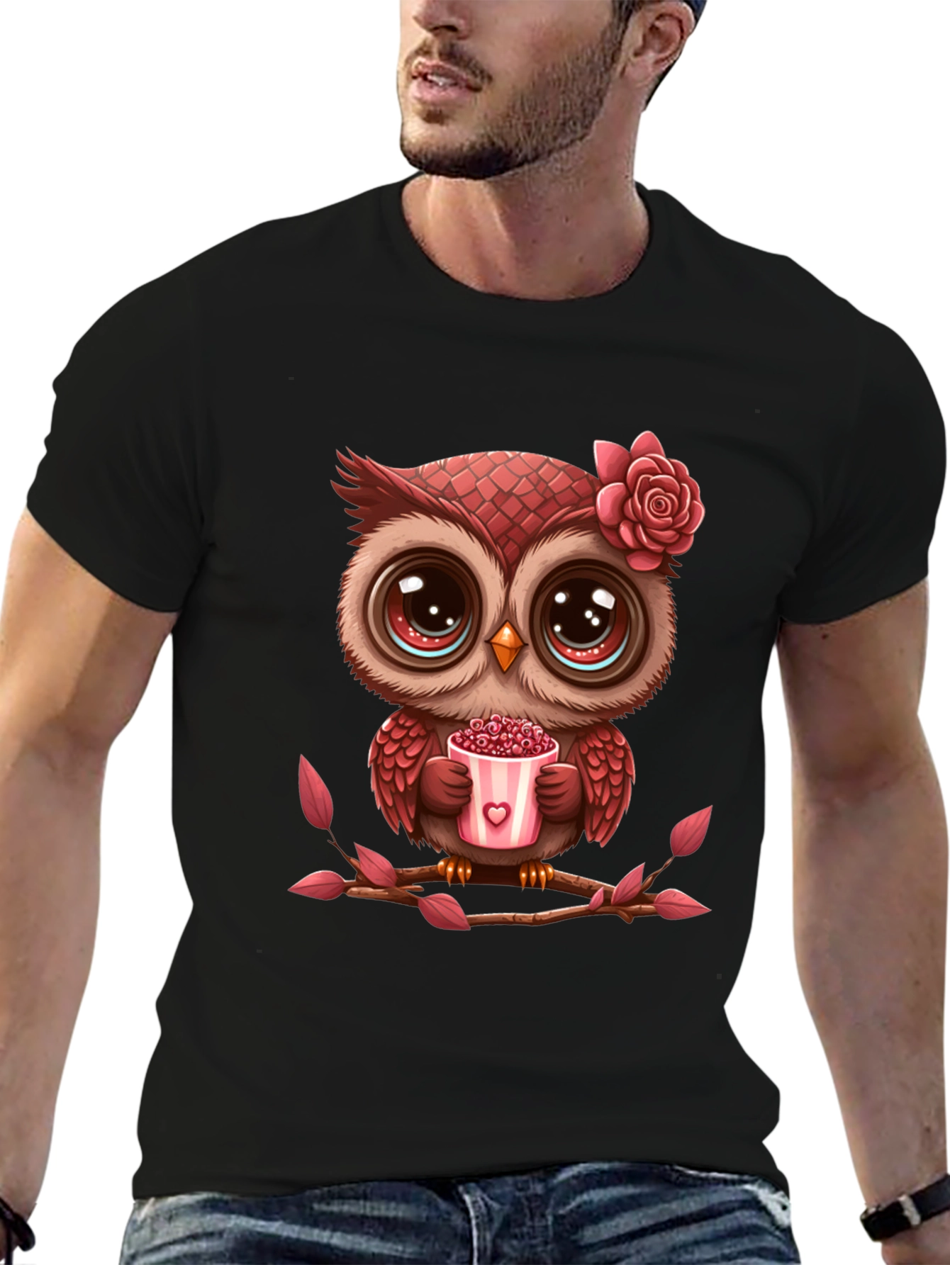 Black Cute Owl Valentine's Day Black T-Shirt view 6
