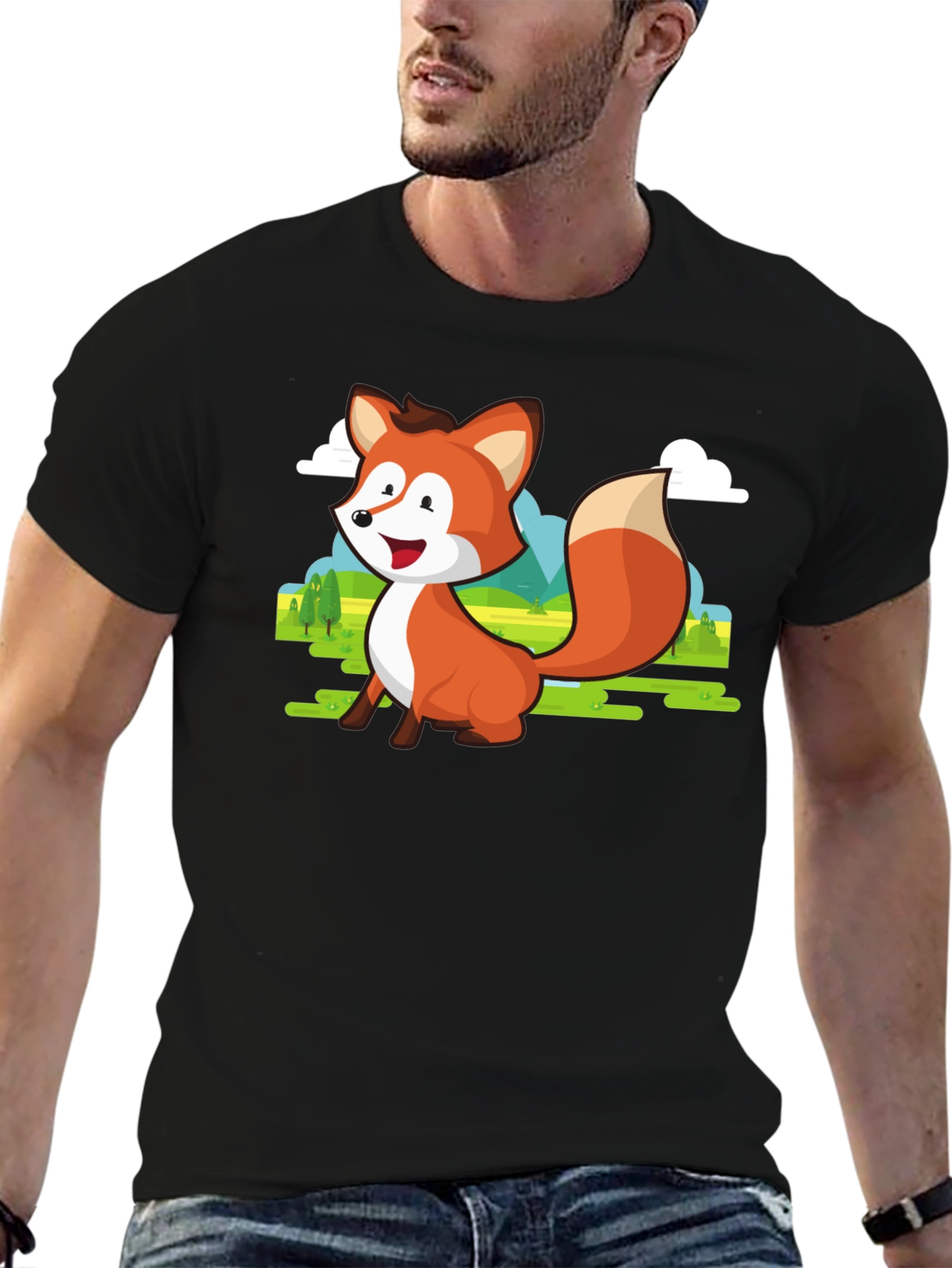 Black Cute Fox Cartoon T-Shirt - Men's Black Tee view 6