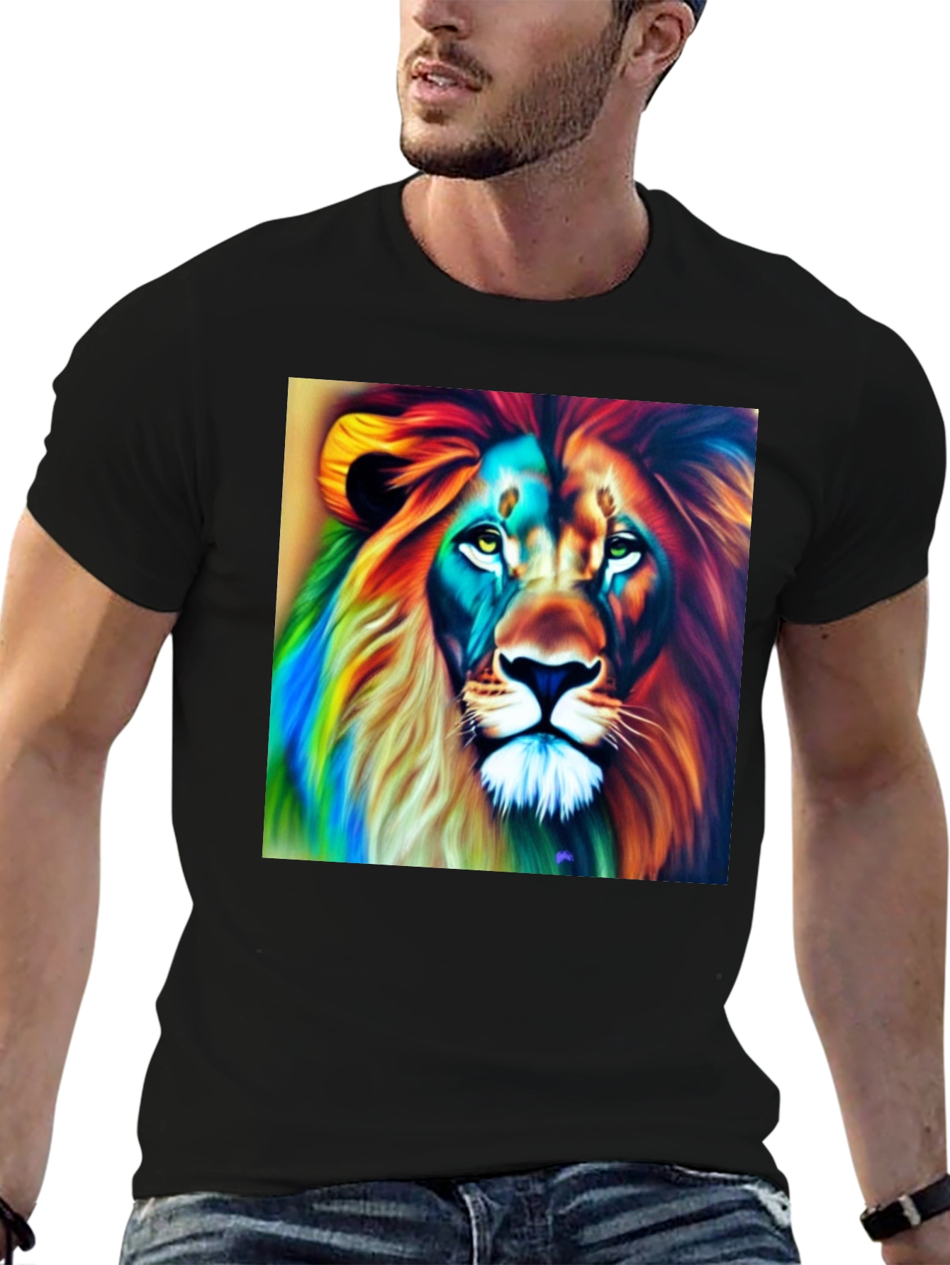 Colorful Lion Graphic Tee - Men's Black T-Shirt - 6