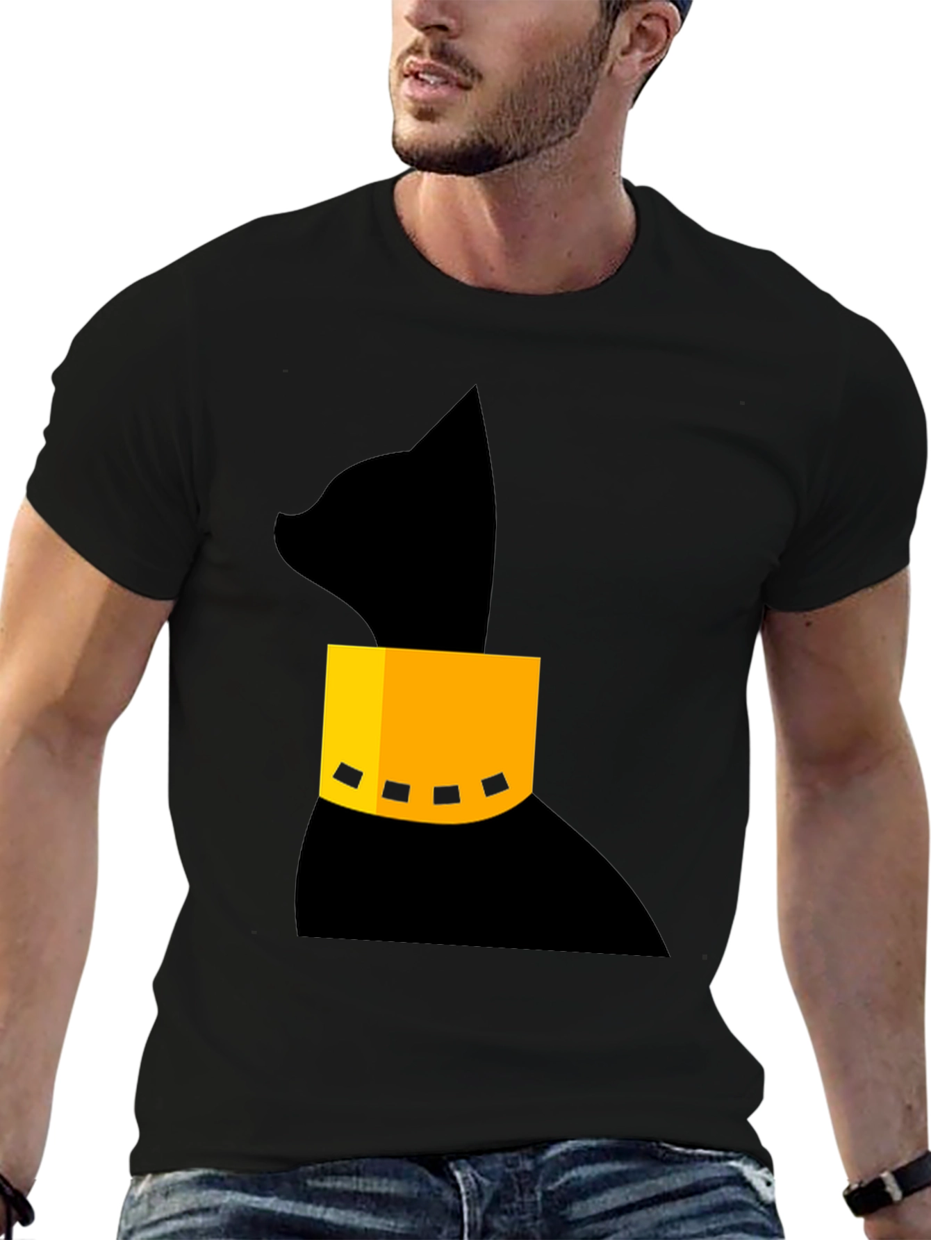 Black Modern Black Cat T-Shirt with Geometric Collar view 6