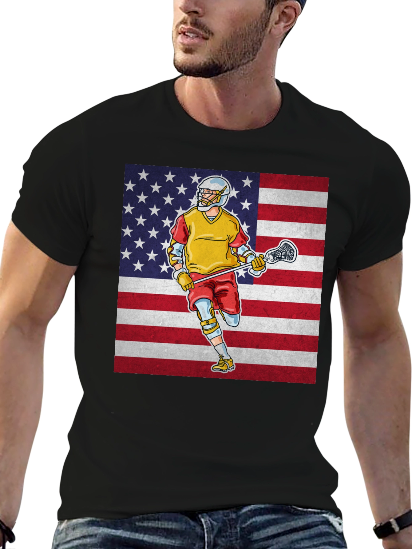 Black American Lacrosse Player Graphic T-Shirt view 6