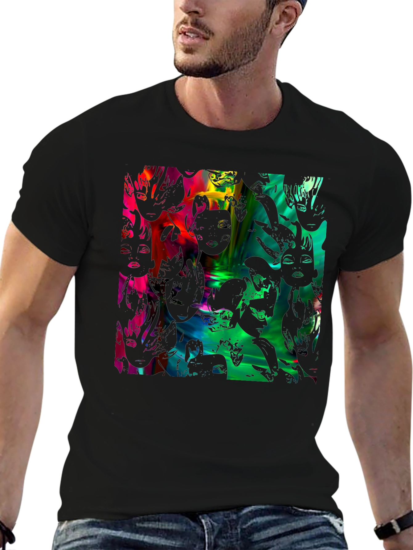 Black Abstract Faces Graphic Black Tee view 6