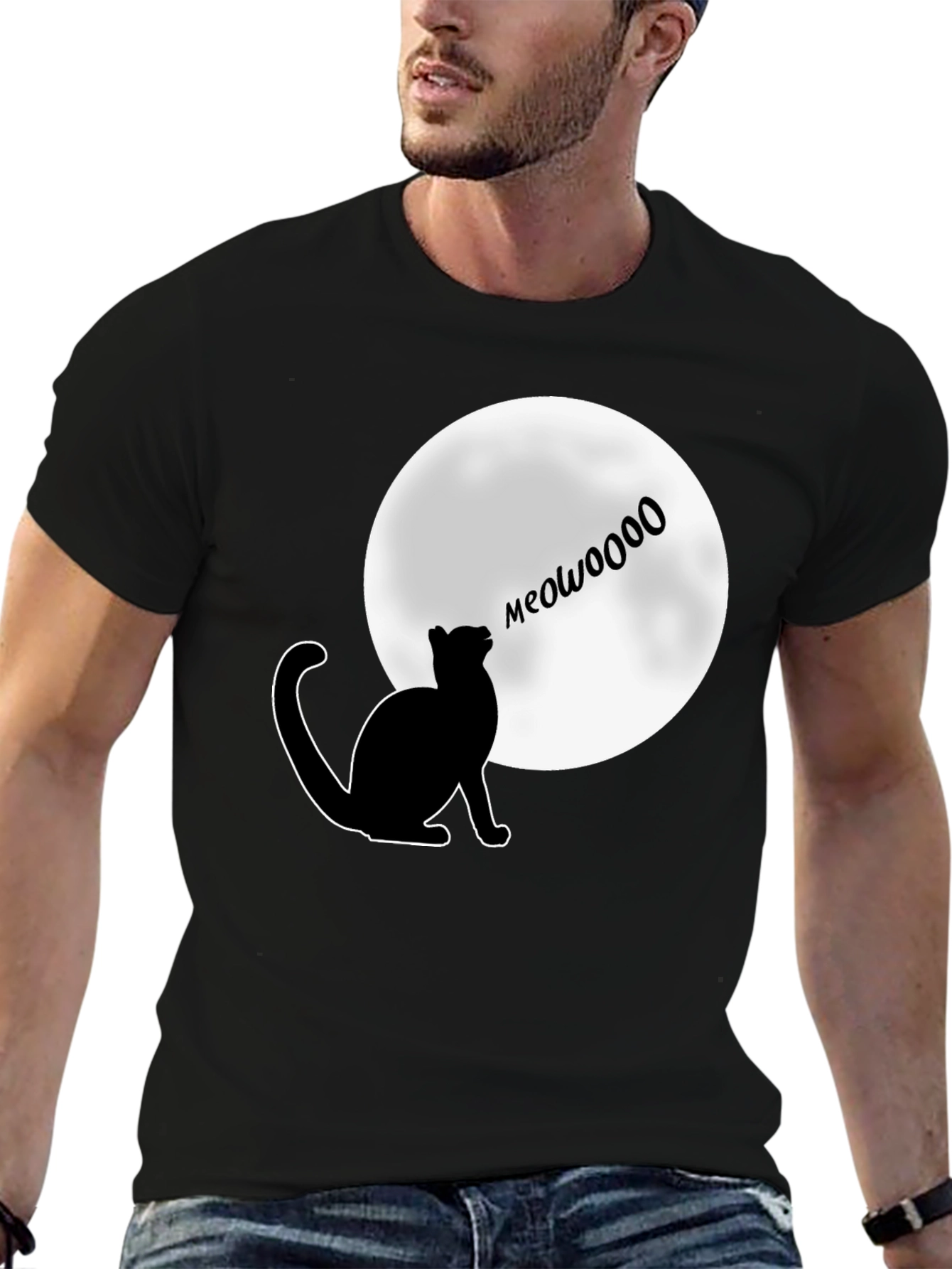 Black Meow at the Moon T-Shirt - Black, Cat Lover Tee view 6