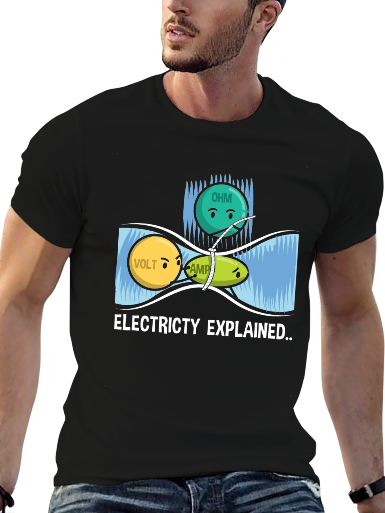 Black Electricity Explained Graphic Tee - Science Humor Shirt view 6