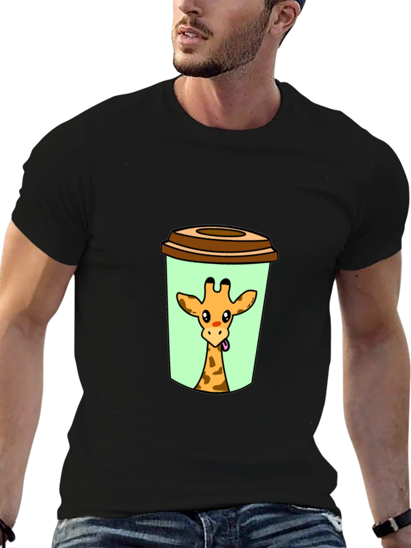 Black Giraffe in Cup Graphic Tee - Novelty Animal Shirt view 6
