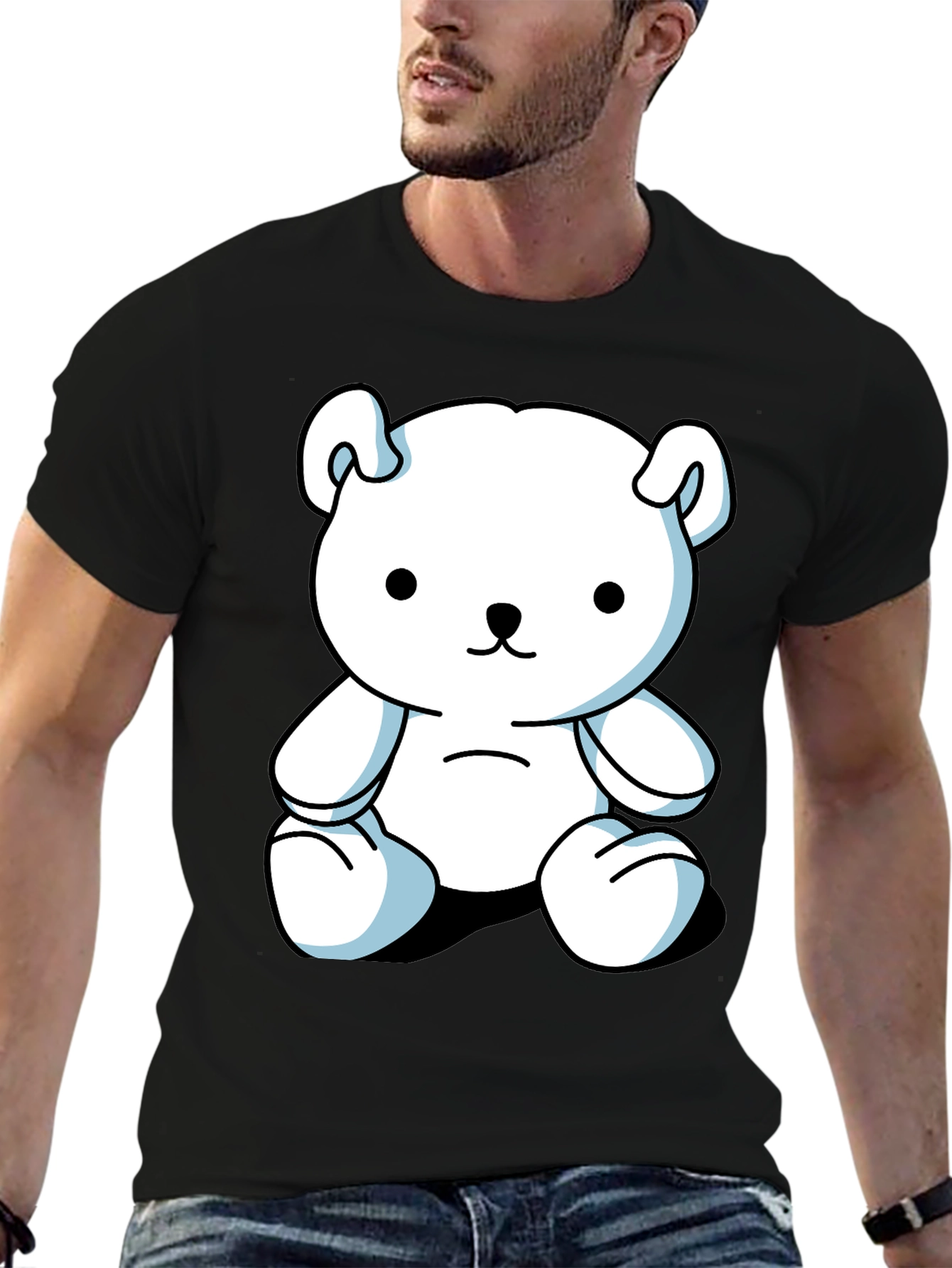 Black Cute Cartoon Bear Graphic Black T-Shirt view 6