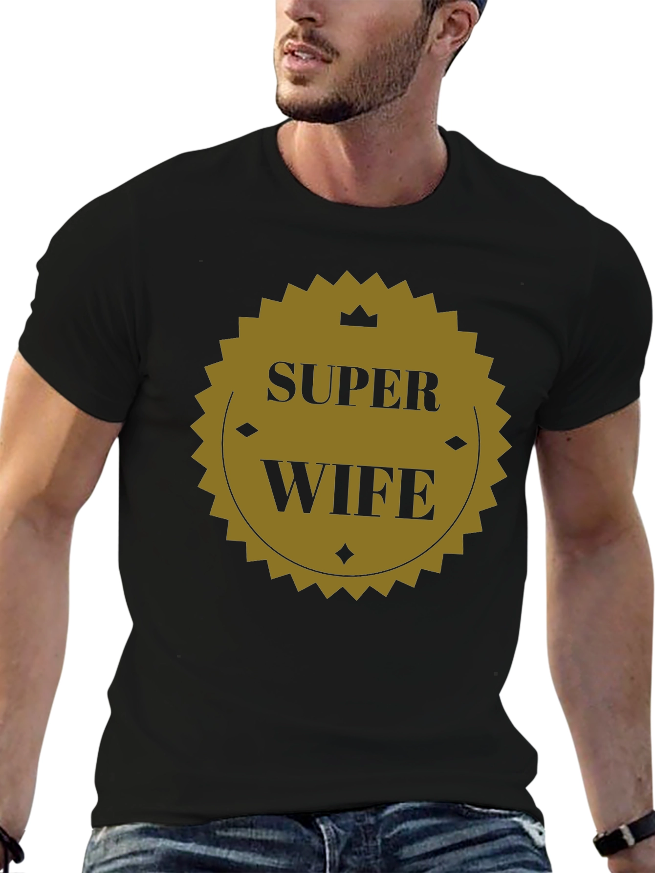 Black Super Wife Graphic Tee - Black Crew Neck T-Shirt view 6